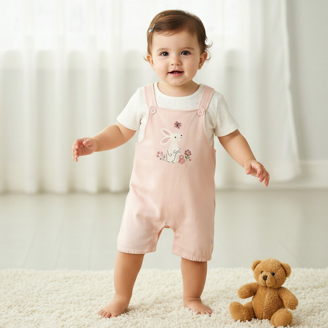Juniors Short Sleeves T-shirt and Dungaree Set with Bunny Print