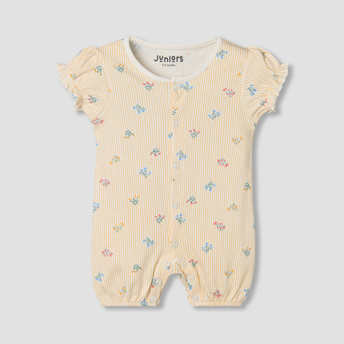 Juniors Round Neck Short Sleeves Romper with Floral Stripe Print