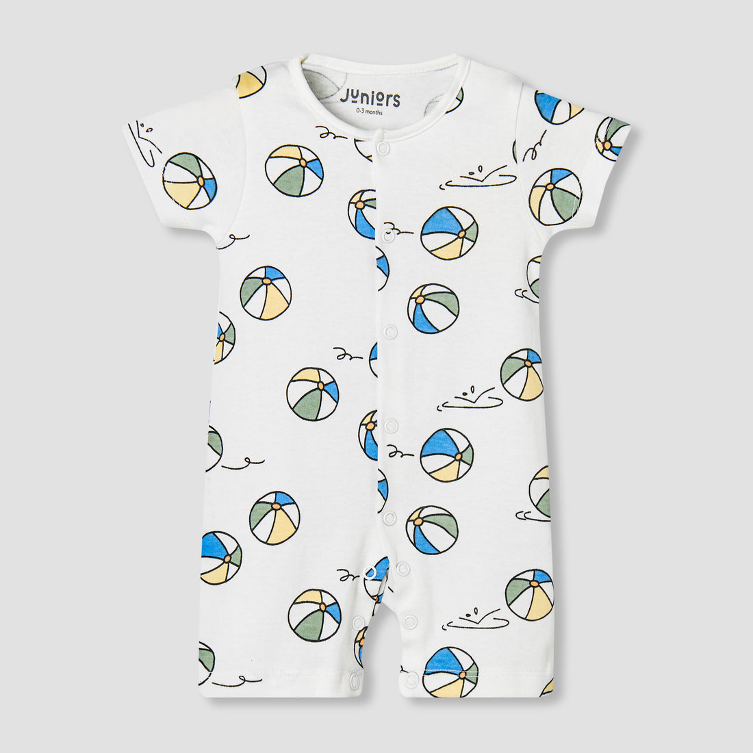Juniors Round Neck Short Sleeves Romper with Ball Print - White / 12-18 mths