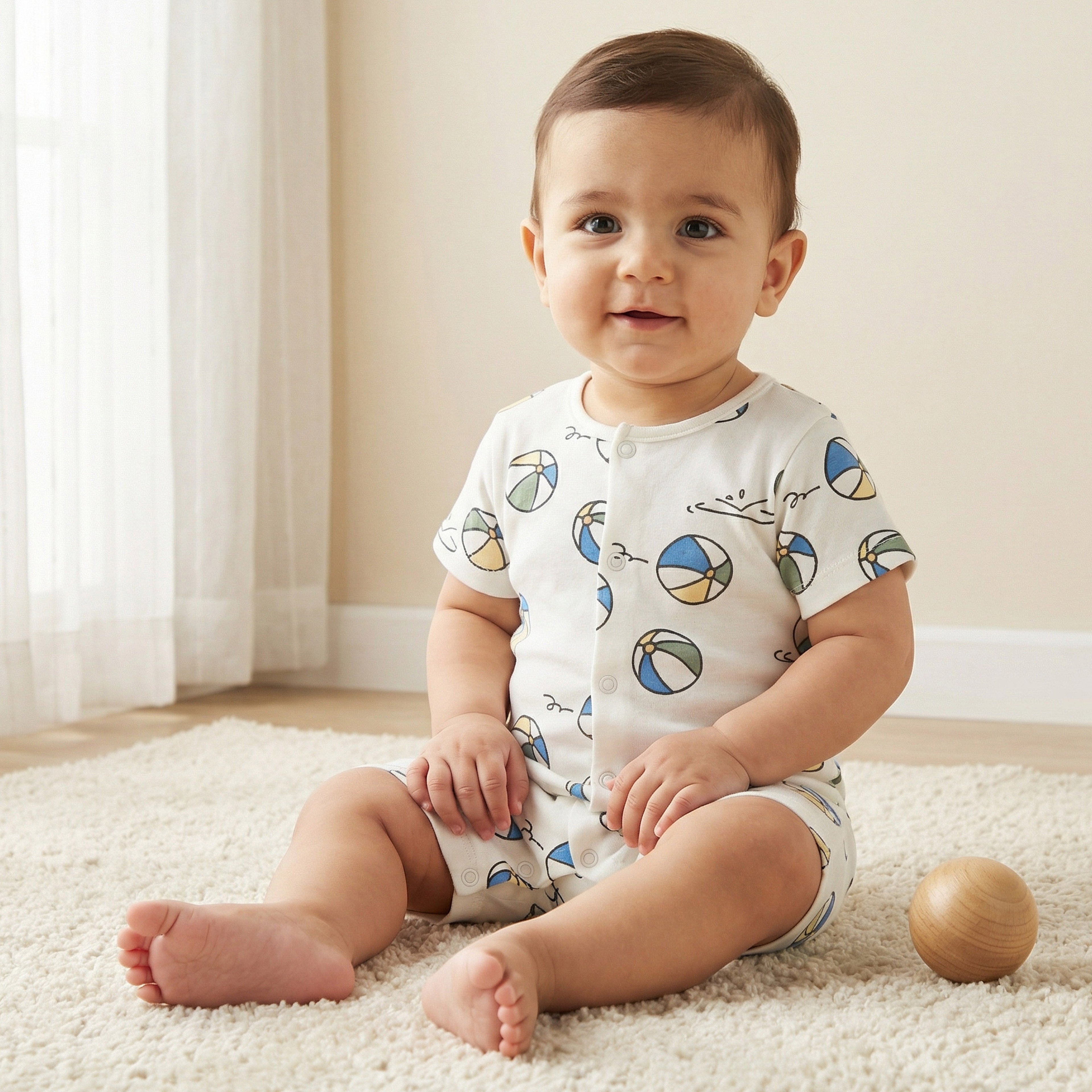 Juniors Round Neck Short Sleeves Romper with Ball Print