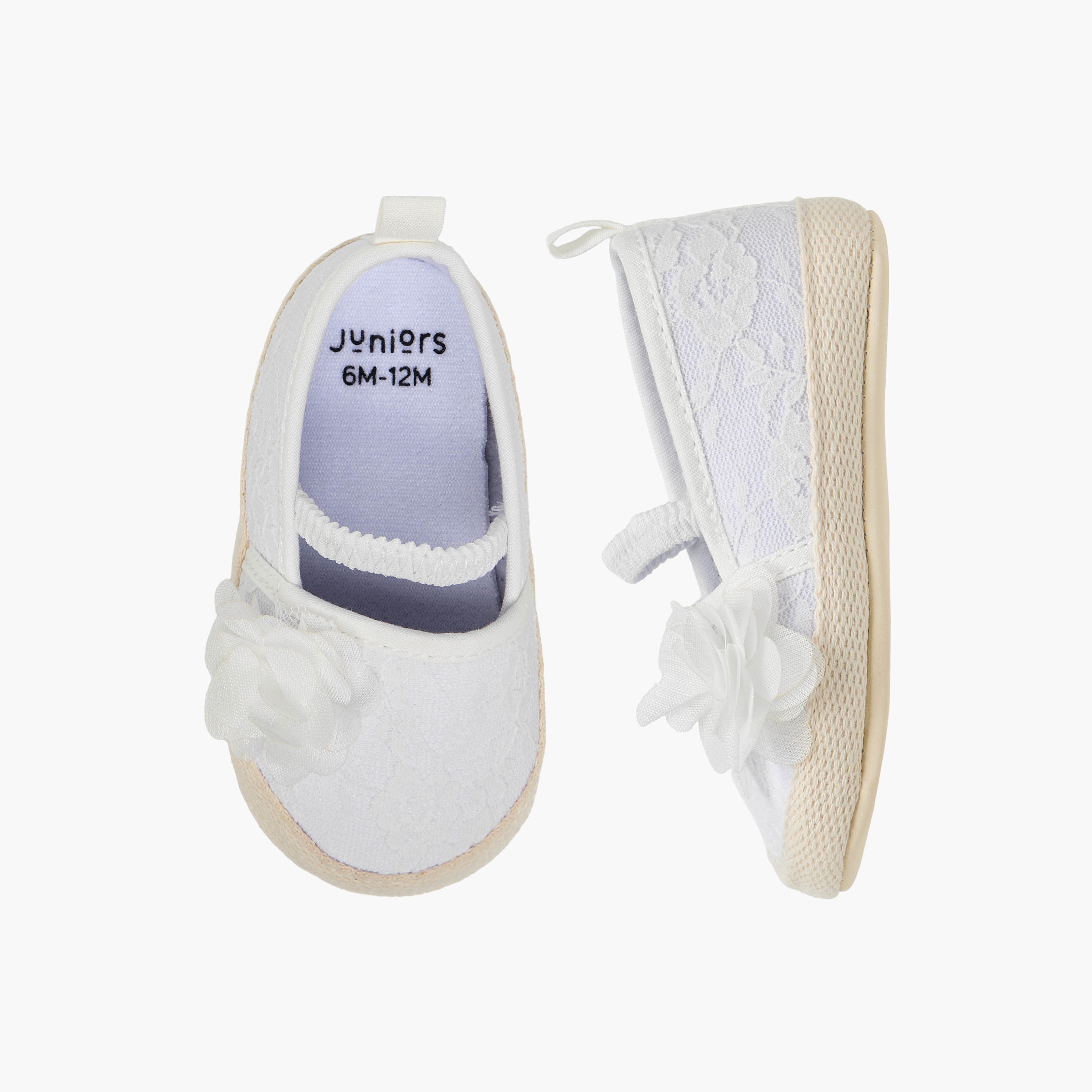 Juniors Booties with Floral Applique, Lace - White / 12-18 mths