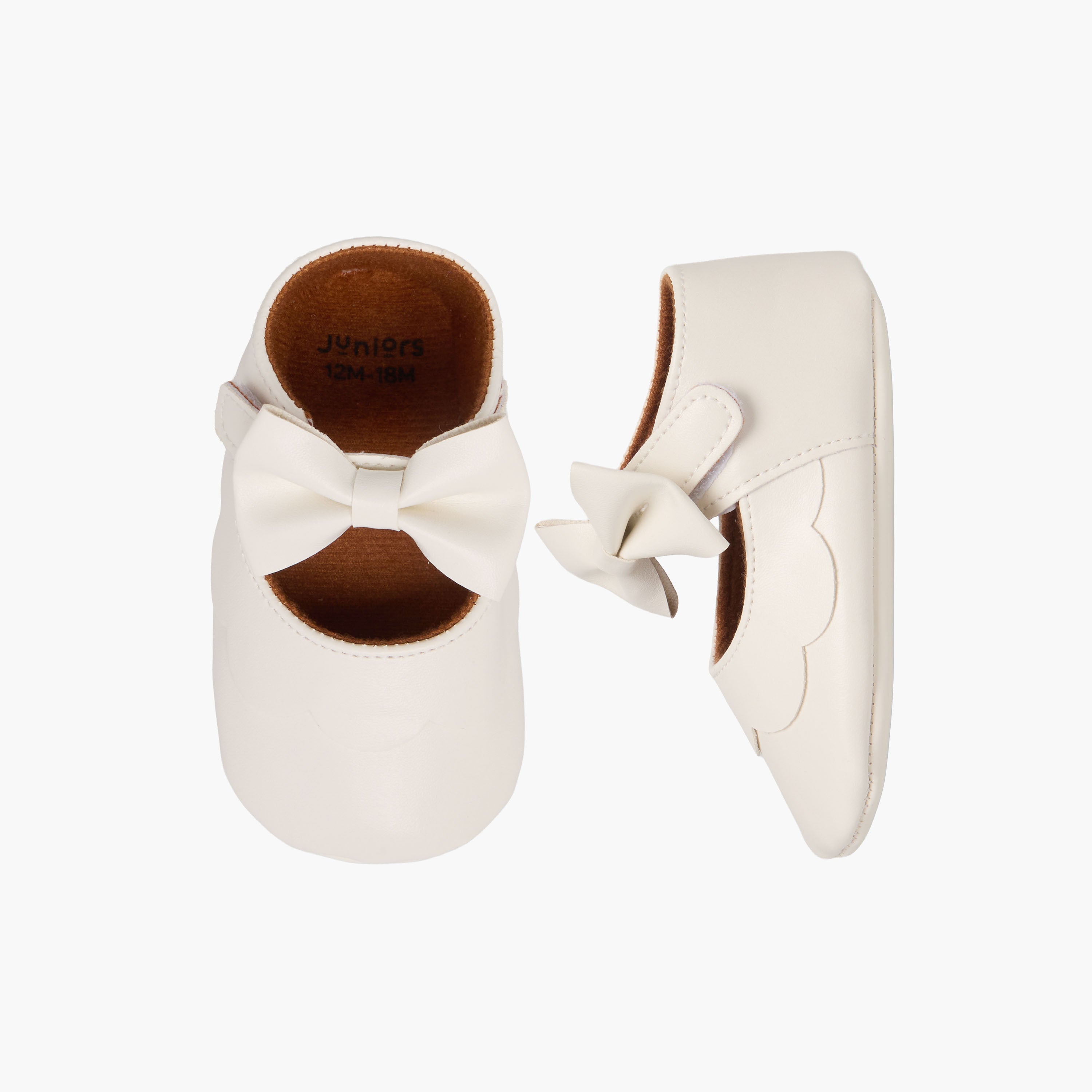 Juniors Booties with Hook and Loop Closure, Bow Accent - White / 12-18 mths