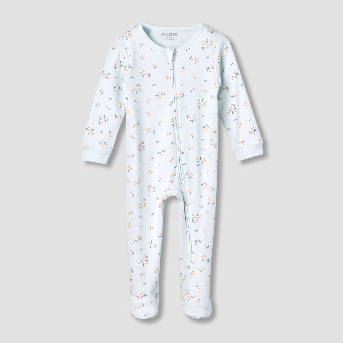 Juniors Cotton Round Neck Long Sleeve Sleepsuit with Zip Closure - Blue / 12-18 mths