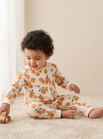 Juniors Cotton Crew Neck Long Sleeves Sleepsuit with Orange Print-baby-girls-clothing-nightwear-sleepsuits-image-1