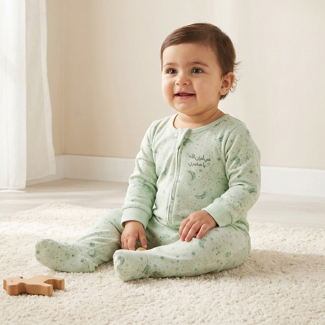 Juniors Cotton Round Neck Long Sleeves Sleepsuit with Zip Closure - Green / 12-18 mths