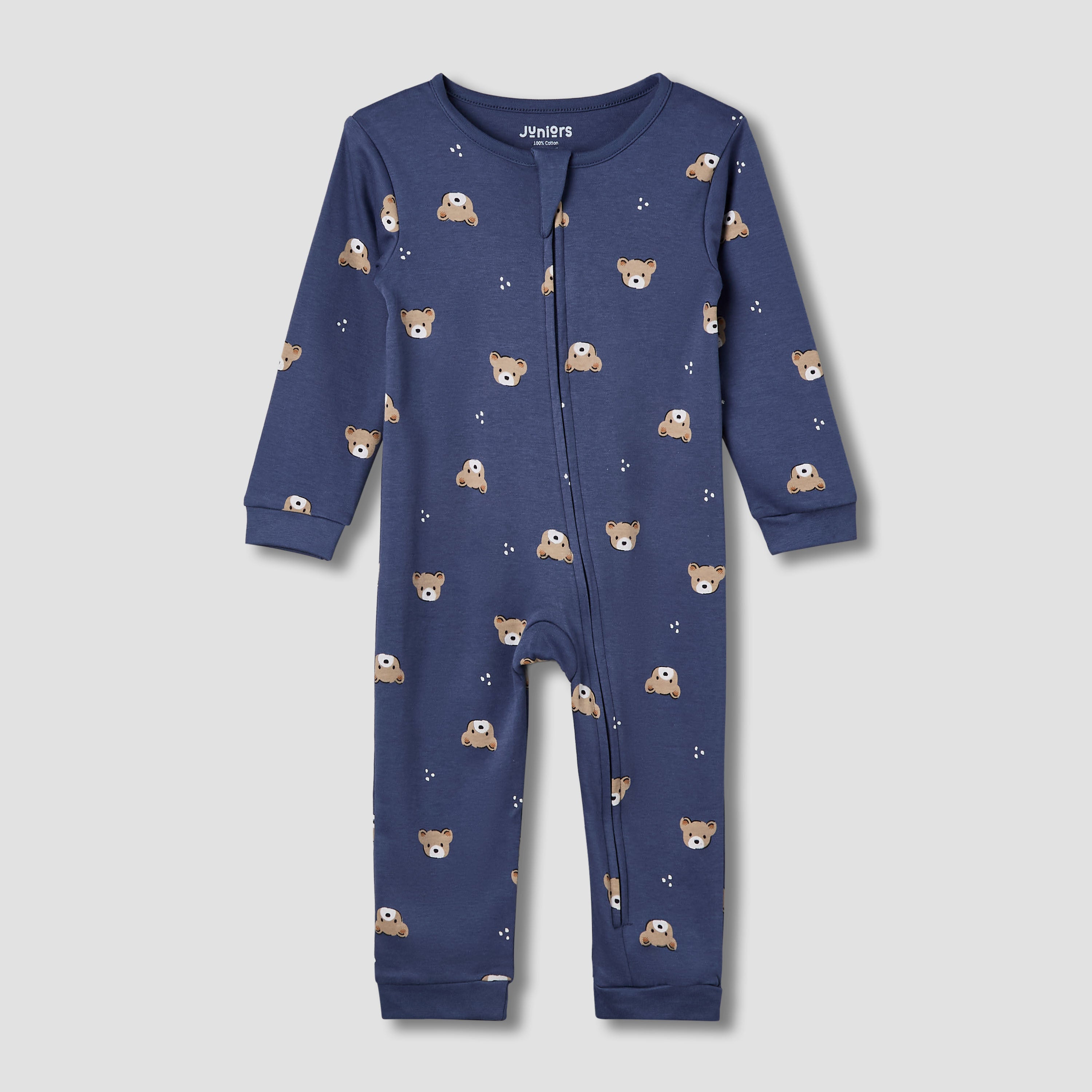 Juniors Cotton Round Neck Long Sleeve Sleepsuit with Zip Closure - Blue / 12-18 mths