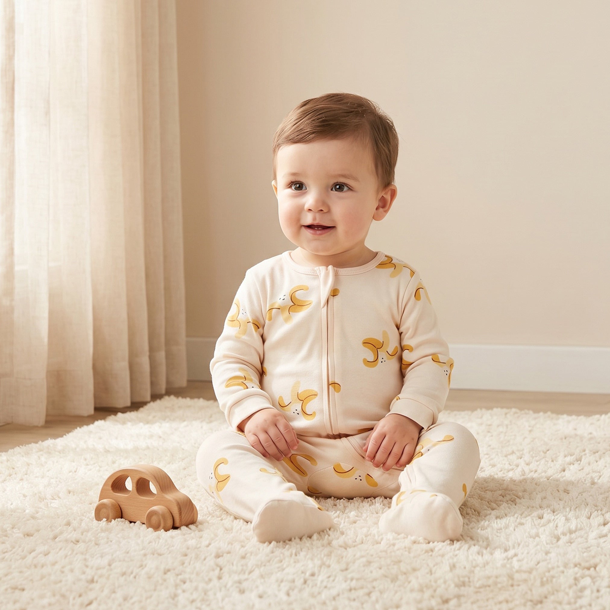 Juniors Cotton Crew Neck Long Sleeves Sleepsuit with Zip Closure - Cream / 12-18 mths