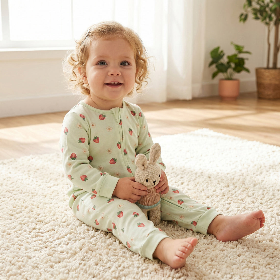 Juniors Cotton Crew Neck Long Sleeves Sleepsuit with Strawberry Print