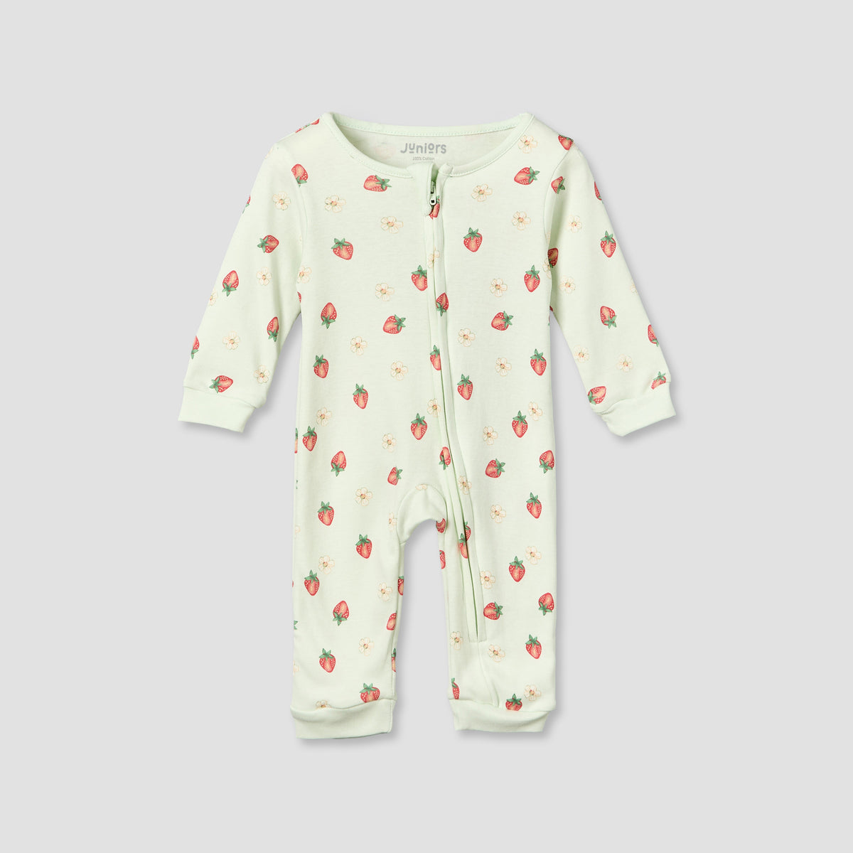 Juniors Cotton Crew Neck Long Sleeves Sleepsuit with Strawberry Print
