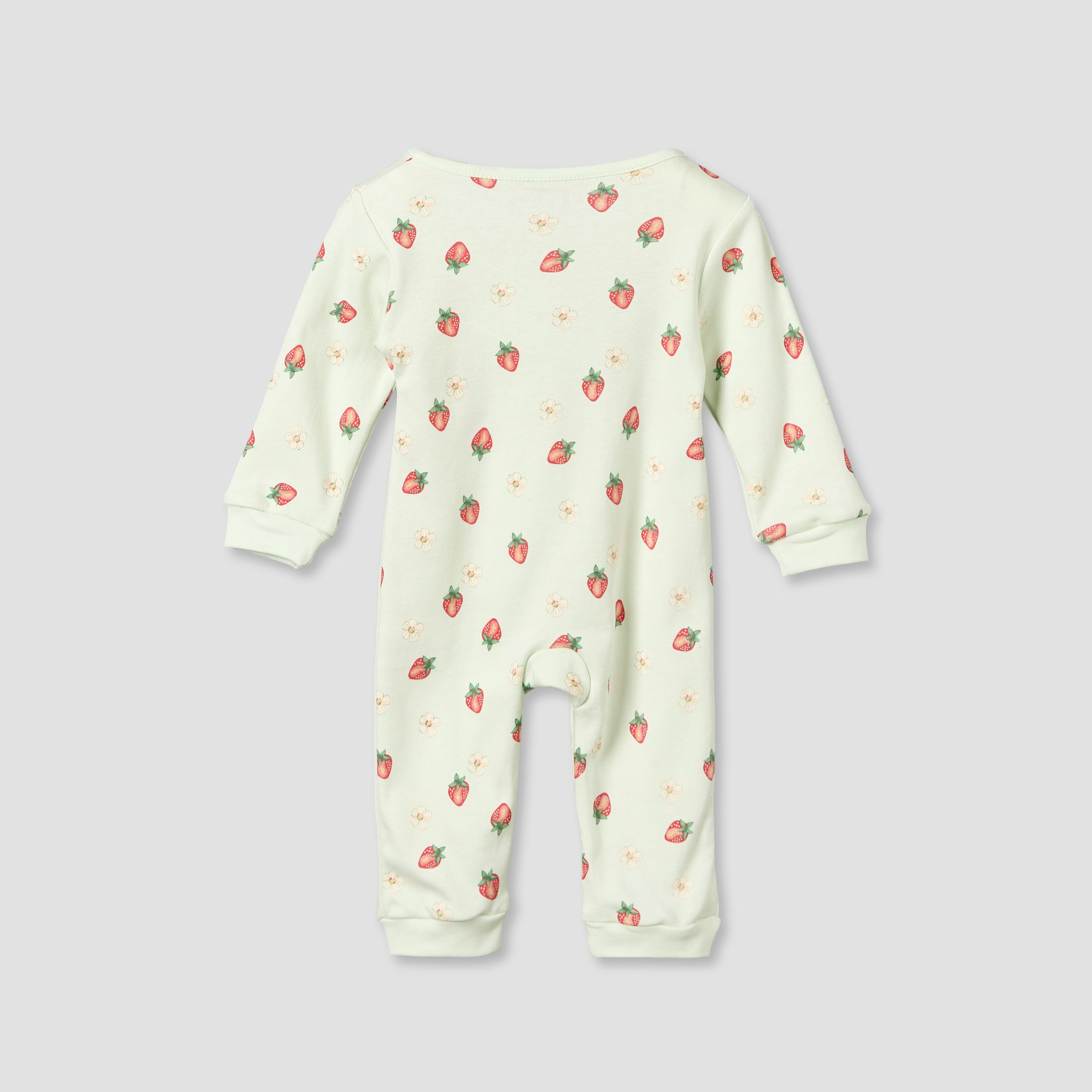 Juniors Cotton Crew Neck Long Sleeves Sleepsuit with Strawberry Print