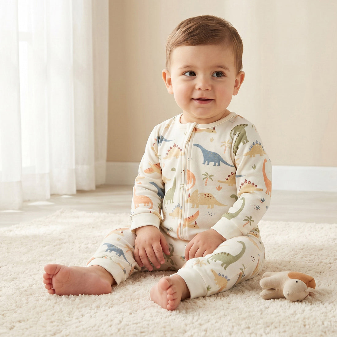 Juniors Cotton Crew Neck Long Sleeves Sleepsuit with Dinosaur Print - Cream / 12-18 mths