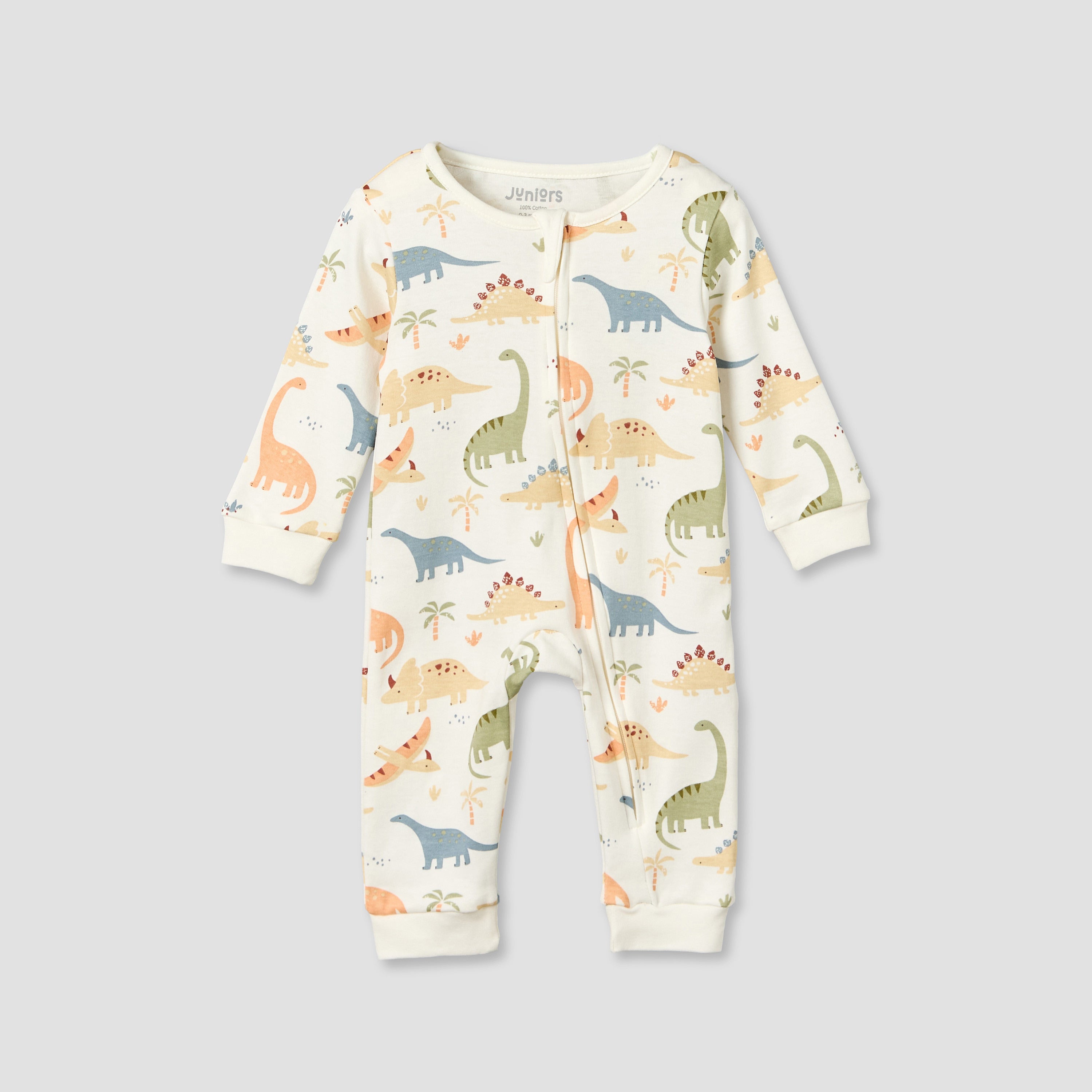 Juniors Cotton Crew Neck Long Sleeves Sleepsuit with Dinosaur Print