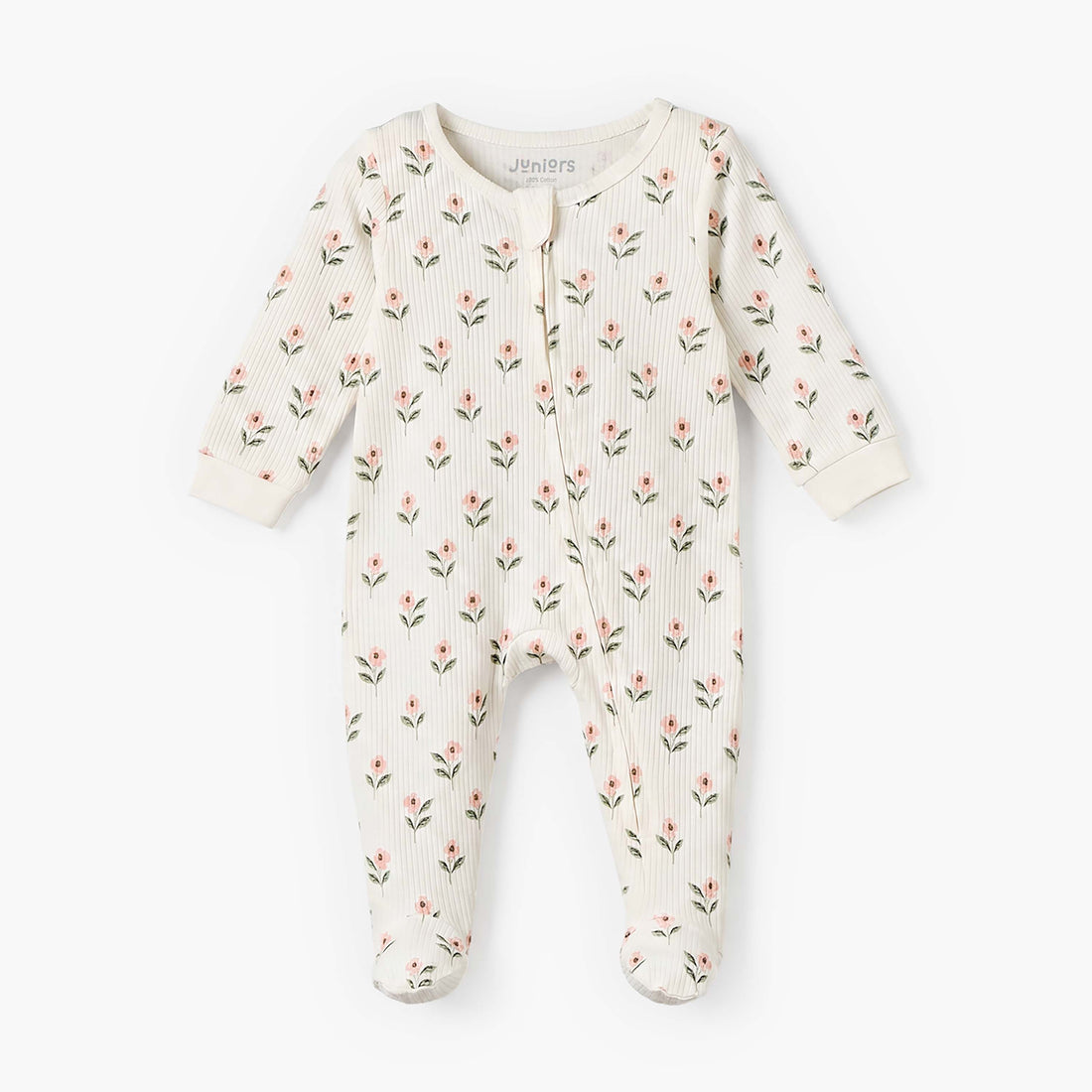 Juniors Cotton Round Neck Long Sleeves Sleepsuit with Floral Print - Cream / 12-18 mths