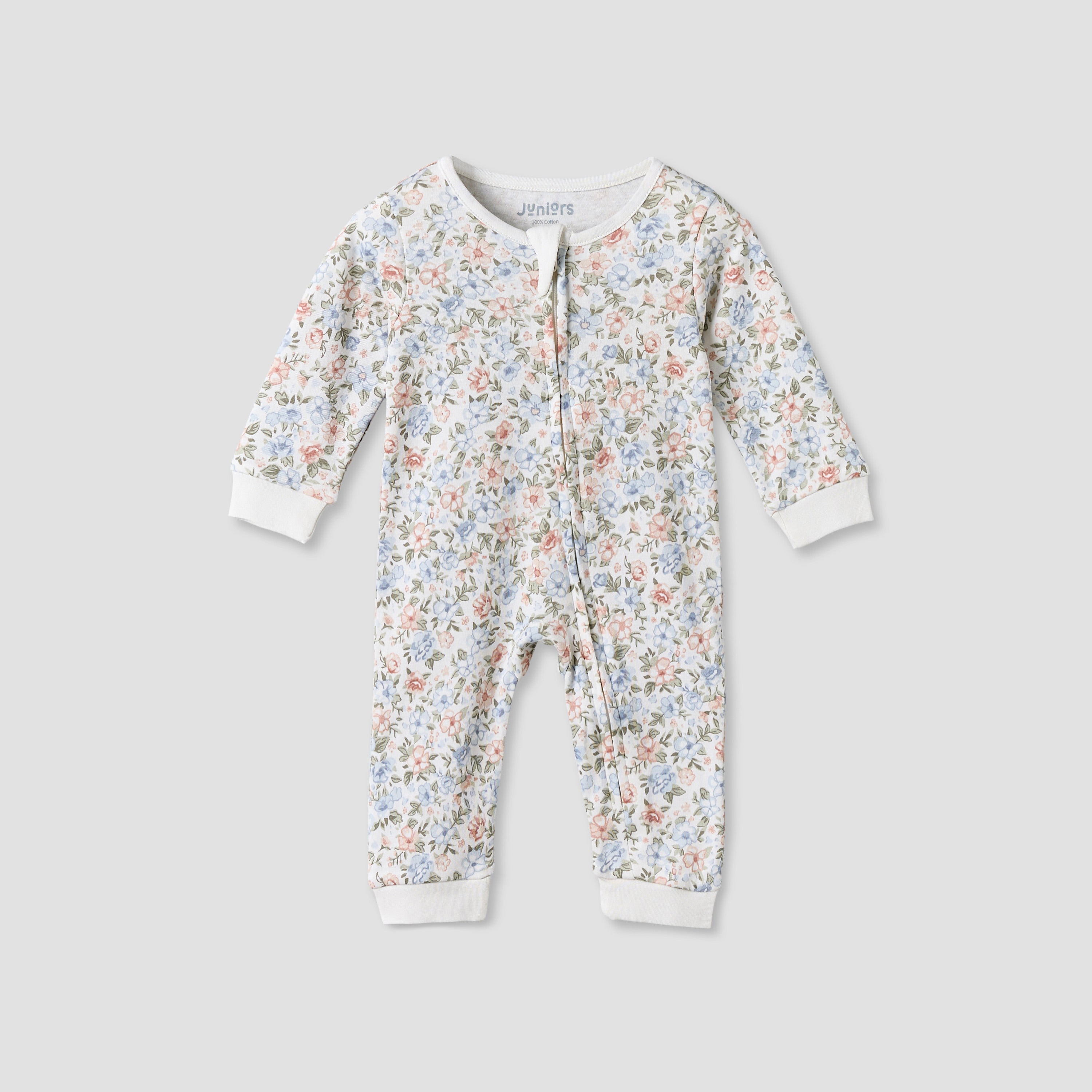Juniors Cotton Round Neck Long Sleeves Sleepsuit with Floral Print - Multicolour / 12-18 mths