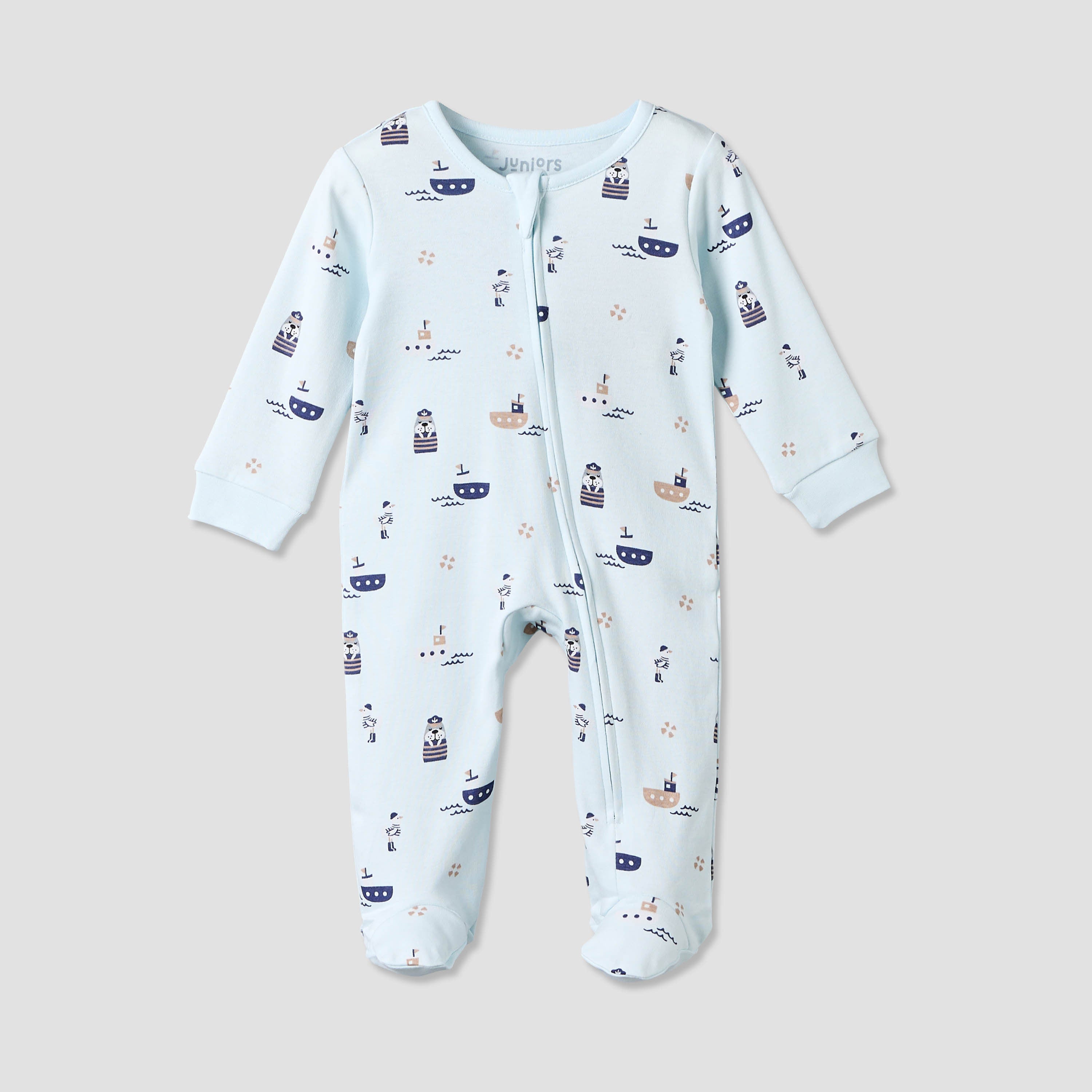 Juniors Cotton Crew Neck Long Sleeves Sleepsuit with Nautical Print - Blue / 12-18 mths