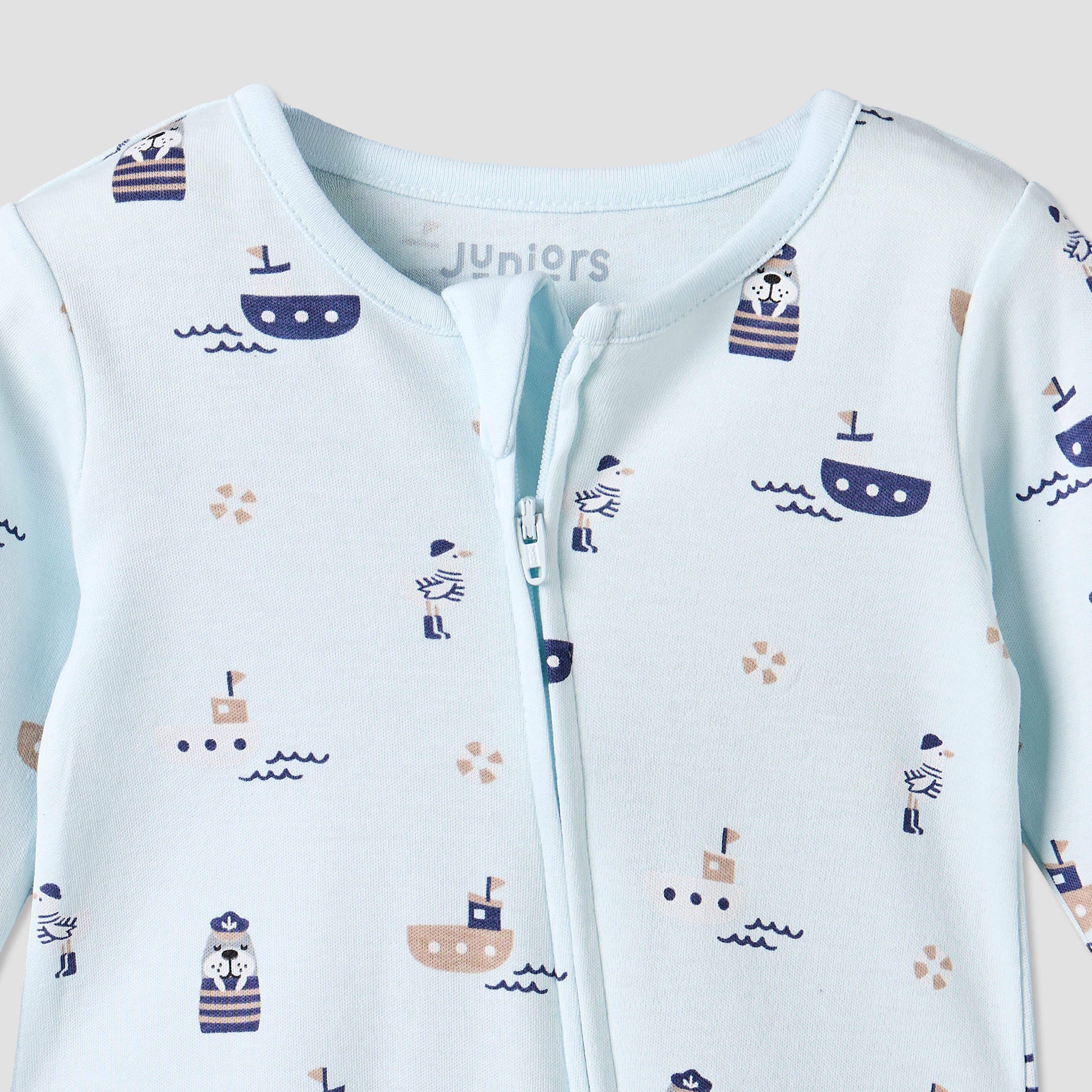 Juniors Cotton Crew Neck Long Sleeves Sleepsuit with Nautical Print