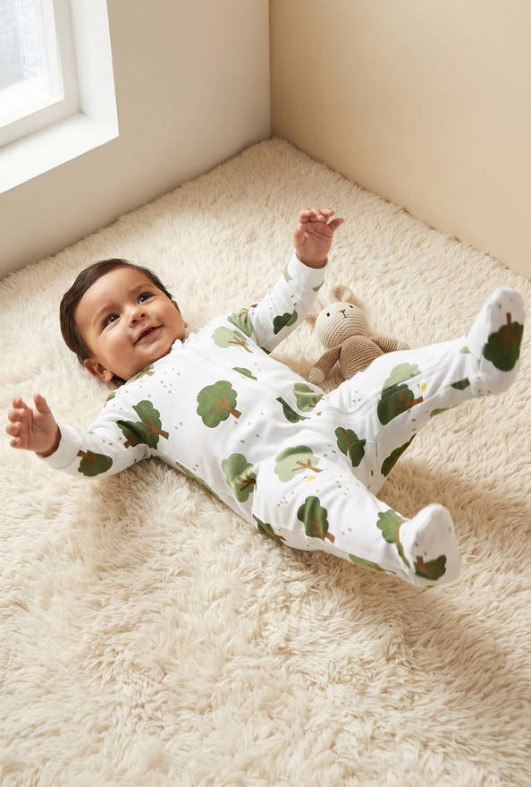 Juniors Cotton Round Neck Long Sleeves Sleepsuit with Tree Print