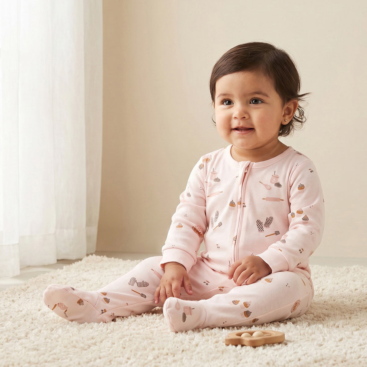 Juniors Cotton Round Neck Long Sleeves Sleepsuit with Zip Closure - Pink / 12-18 mths