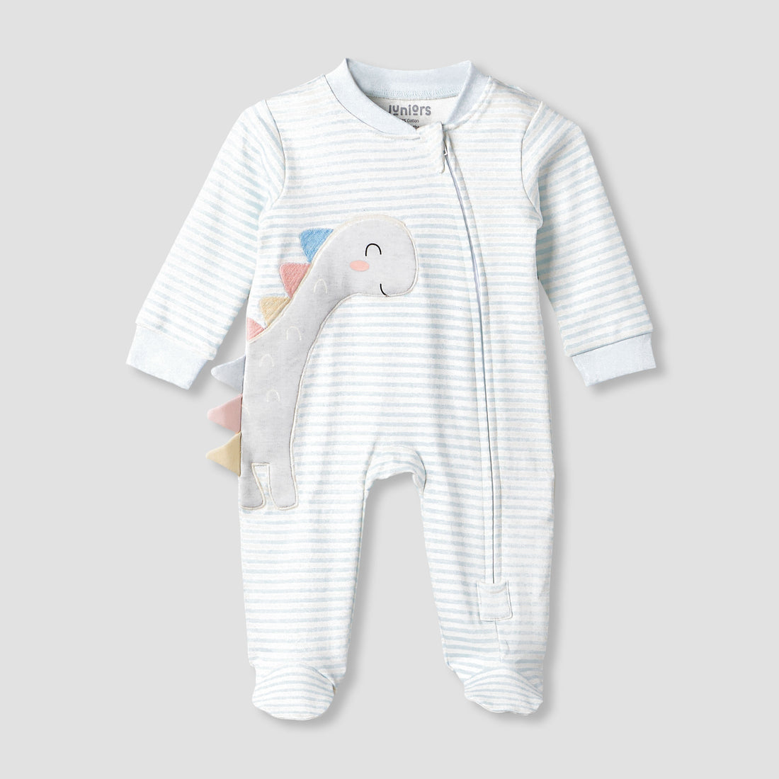 Juniors Cotton Mandarin Collar Long Sleeves Sleepsuit with Dinosaur Applique