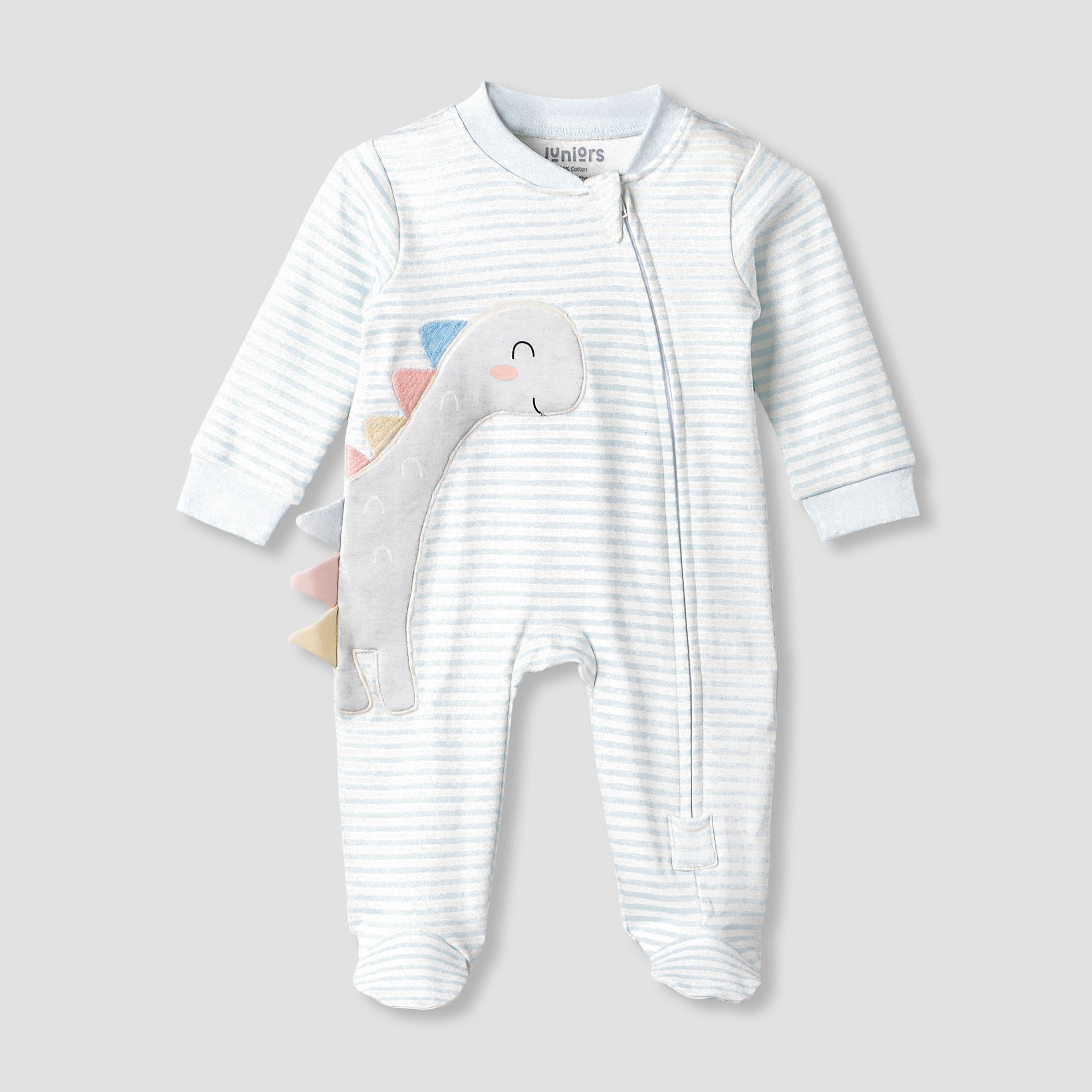 Juniors Cotton Mandarin Collar Long Sleeves Sleepsuit with Dinosaur Applique