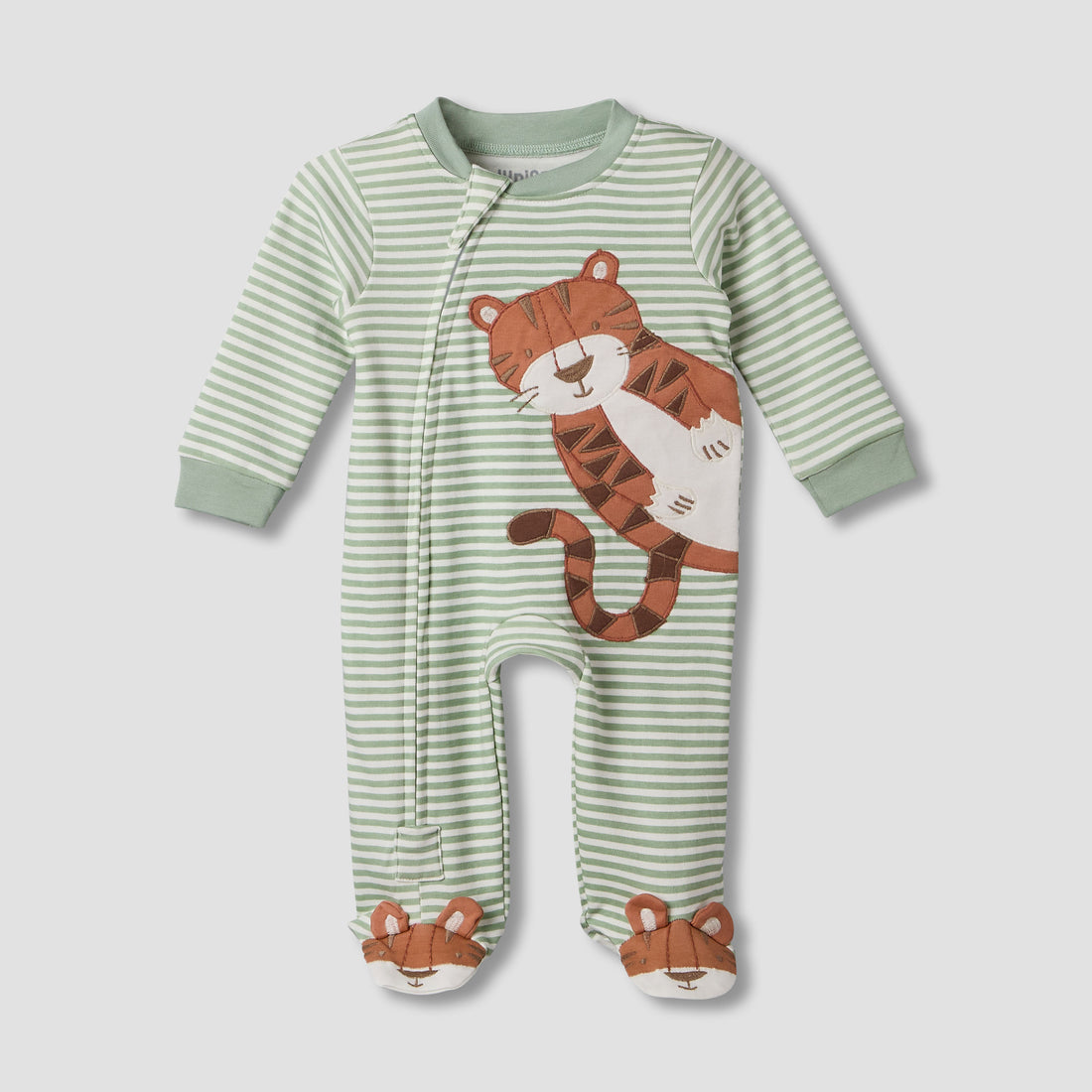 Juniors Cotton Crew Neck Long Sleeves Sleepsuit with Tiger Applique - Green / 12-18 mths
