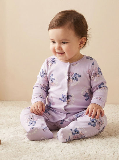 Disney Cotton Round Neck Long Sleeves Sleepsuit with Stitch and Angel Print-baby-girls-clothing-nightwear-sleepsuits-image-1
