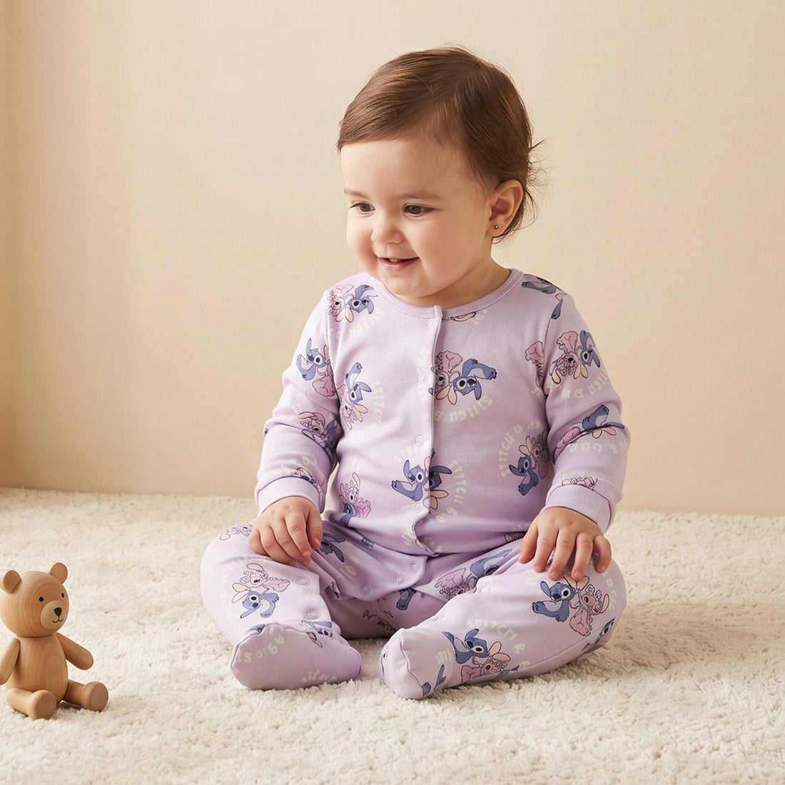 Disney Cotton Round Neck Long Sleeves Sleepsuit with Stitch and Angel Print - Purple / 12-18 mths