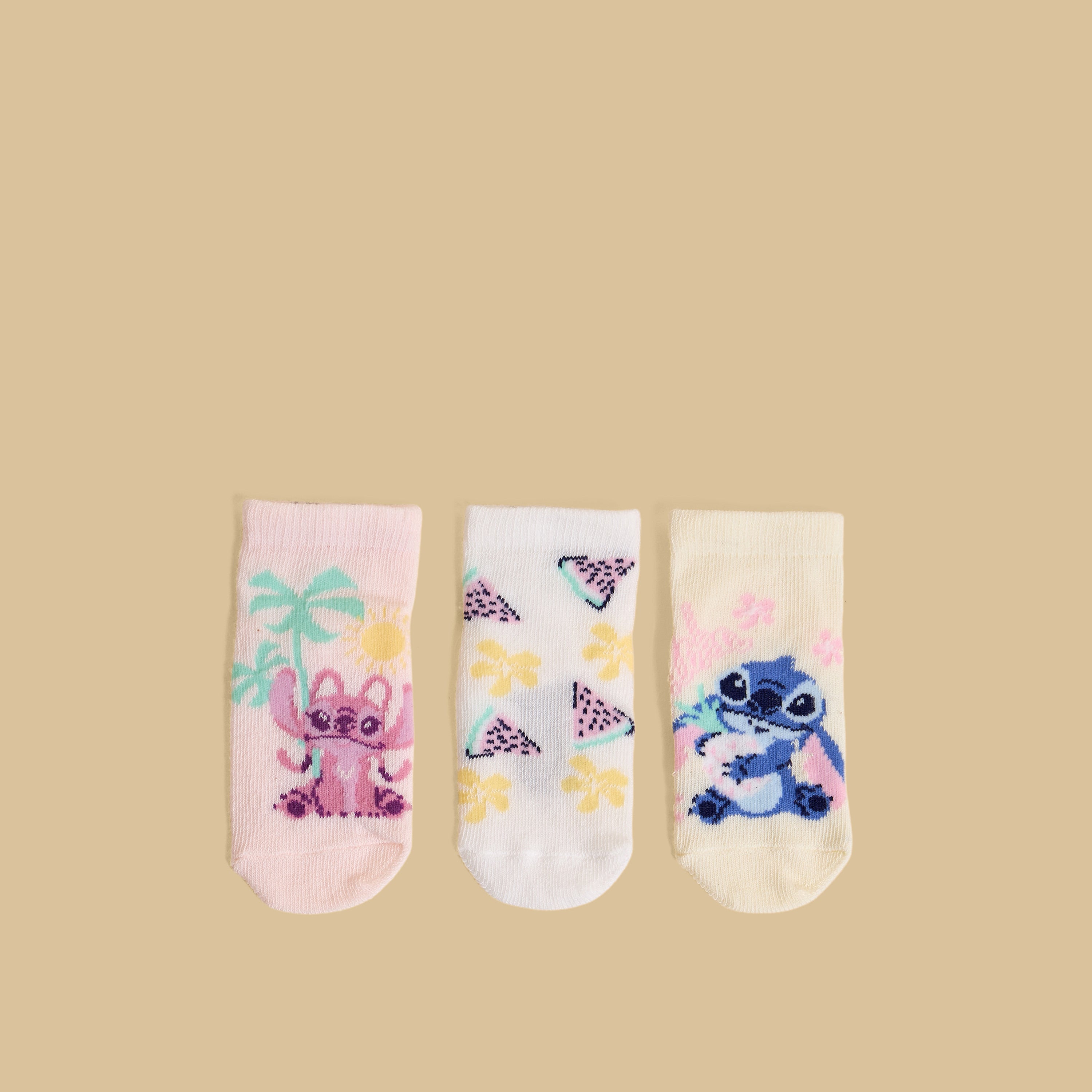 Pack of 3 - Stitch Print Anti-Skid Ankle Length Socks - Multicolour / 15-16