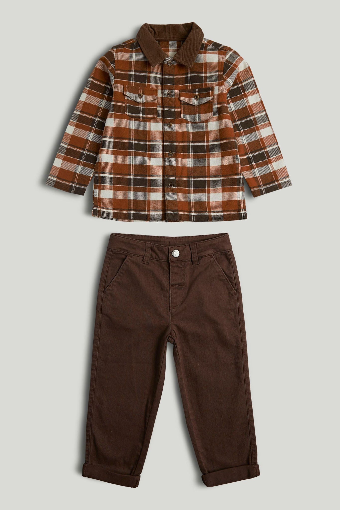 Brown Checked Shirt and Trousers Outfit - Brown / 9-10 Years