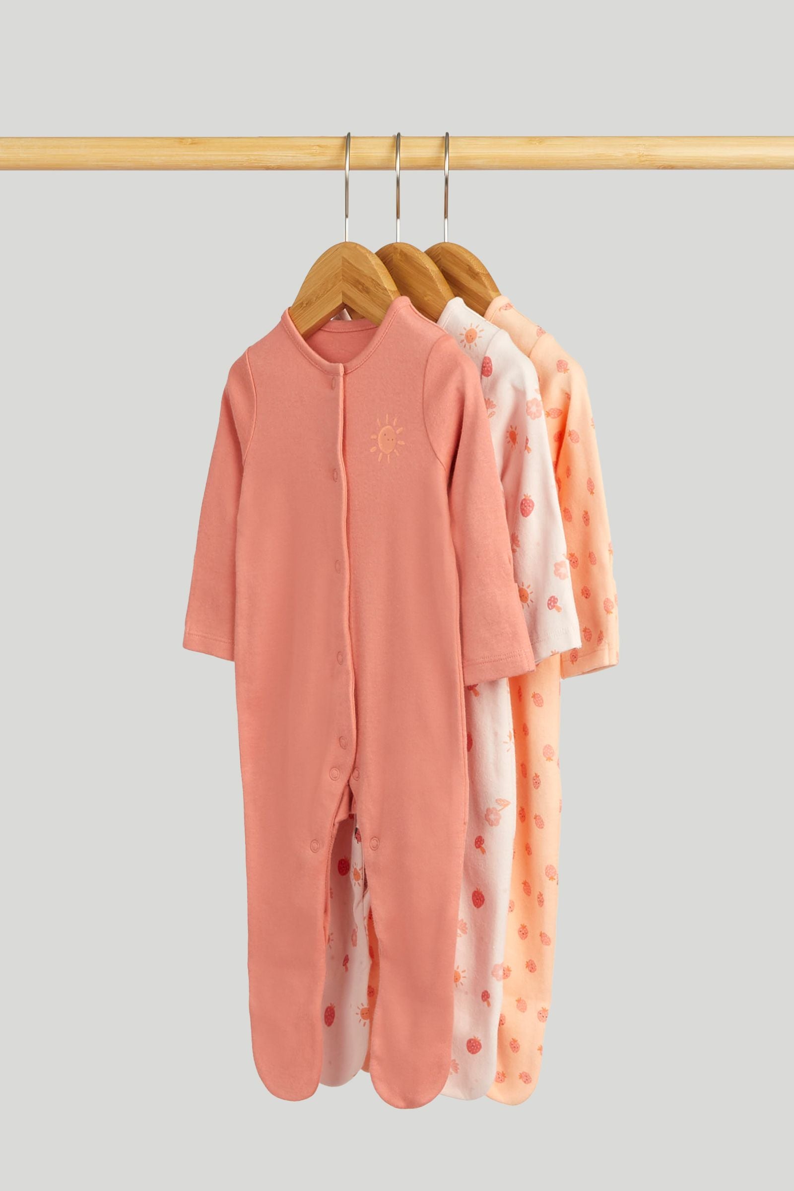 3 Pack Strawberry Sleepsuits - Light Pink / 12-18 Months
