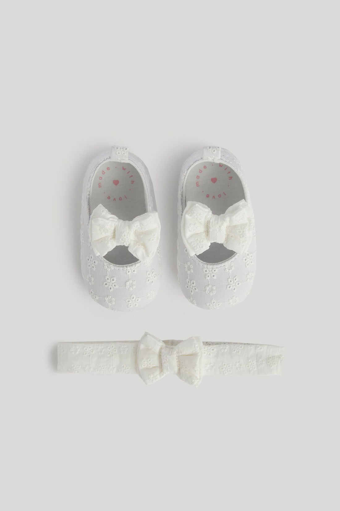 White Broderie Pram Shoes and Headband - White / 9-12 Months