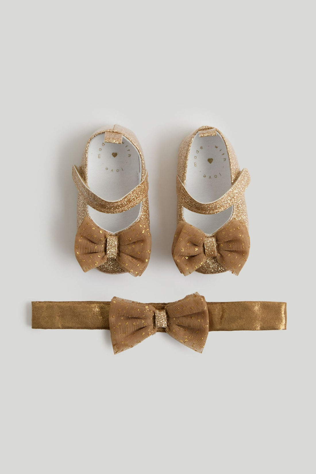 Gold Glitter Pram Shoes and Headband - Yellow / 12-18 Months