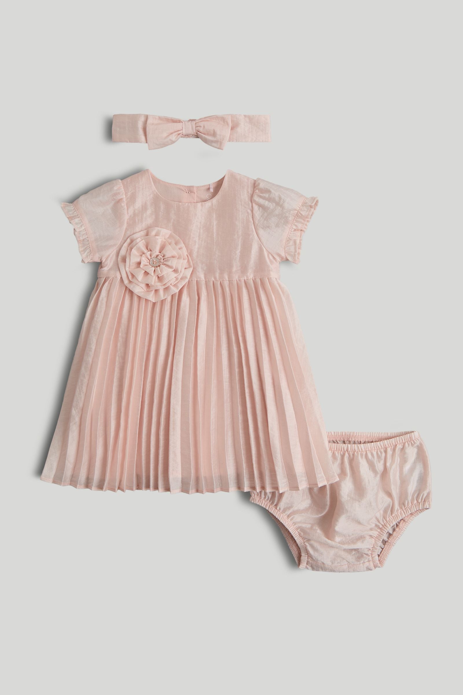 Pink Pleated Dress, Knickers and Headband Outfit - Light Pink / 12-18 Months