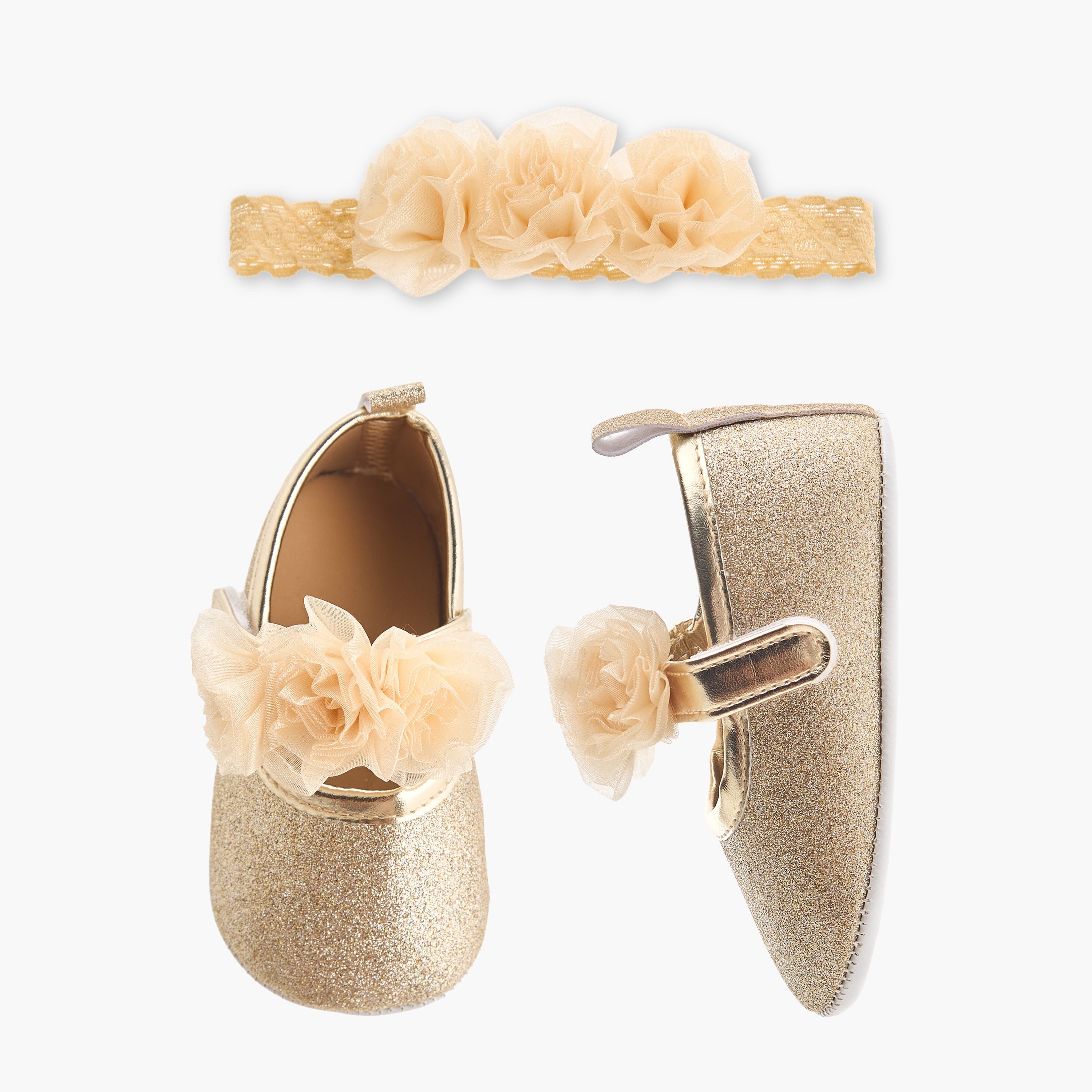 Juniors Shoes with Headband, Floral Embellished - Gold / 12-18 mths