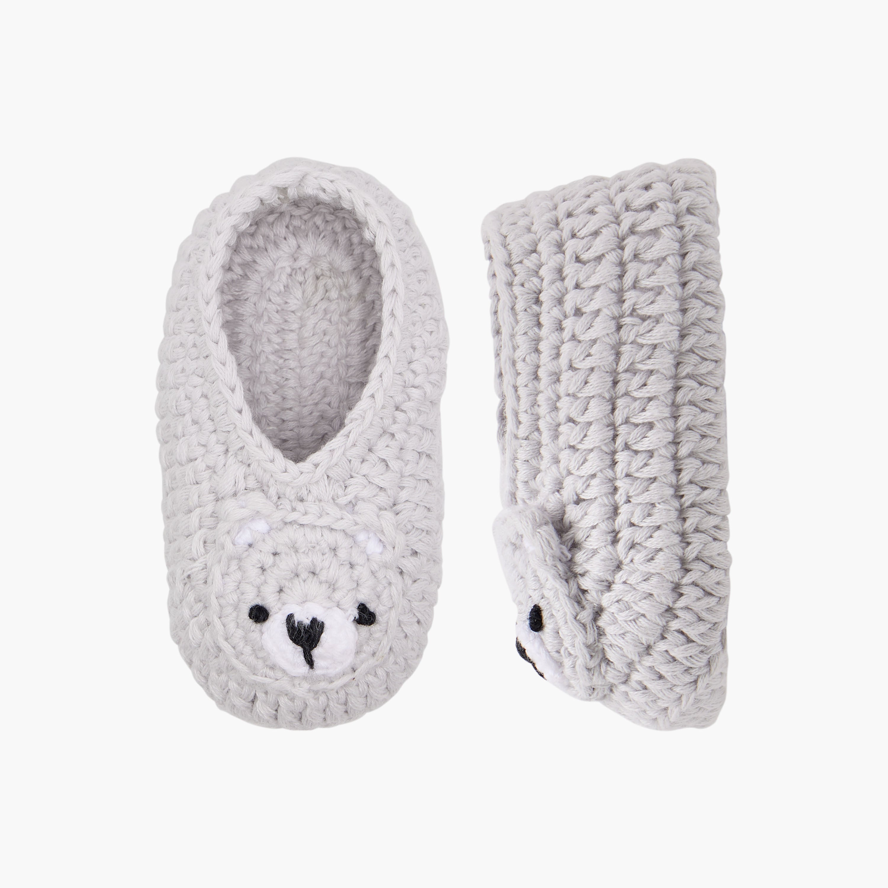 Juniors Crochet Textured Slip-On Booties with Bear Face Detail - Grey / 0-6 mths