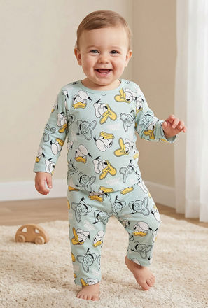 Disney Cotton Crew Neck Long Sleeves Pyjama Set with Donald Duck Print