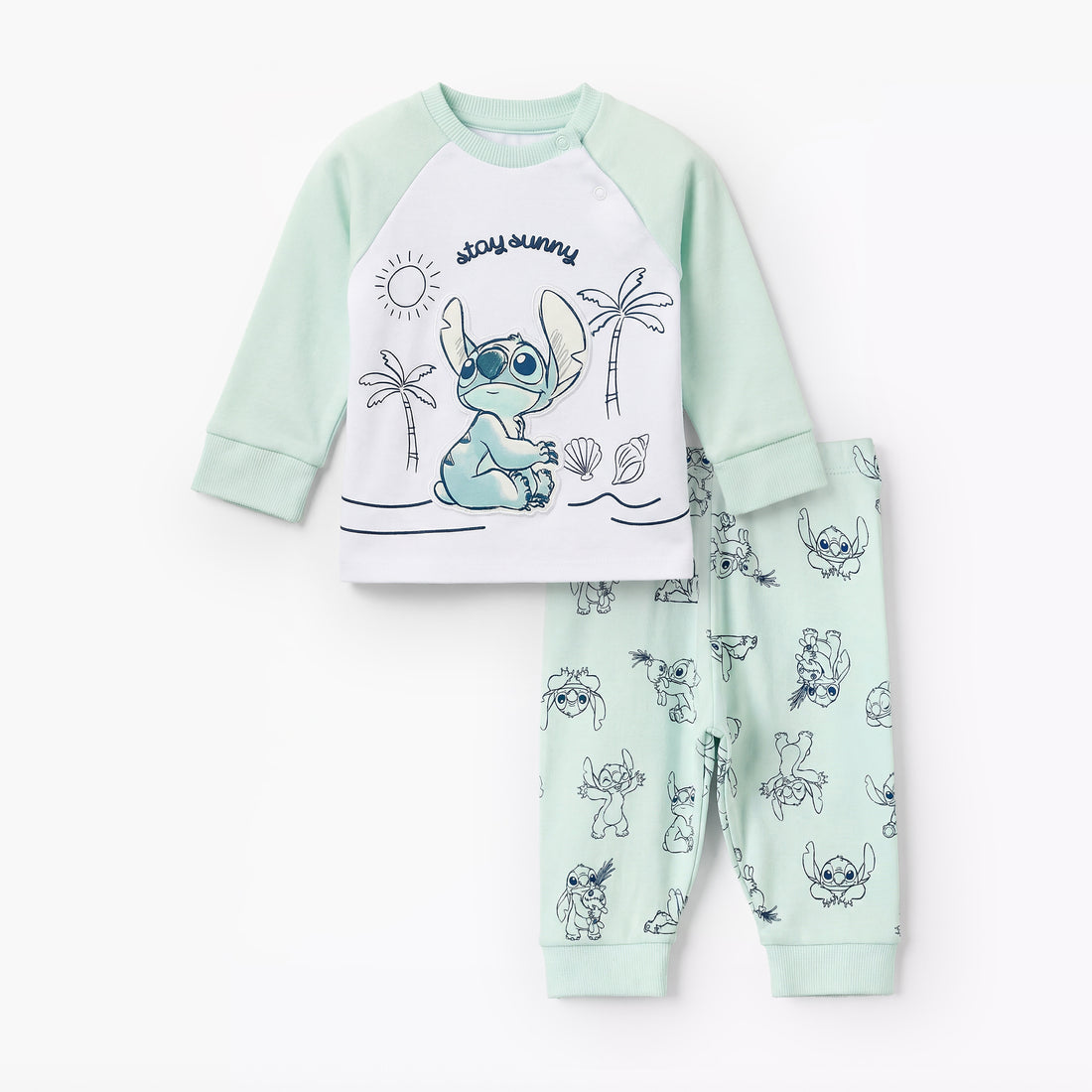 Disney Cotton Round Neck Long Sleeves Pyjama Set with Stitch Applique