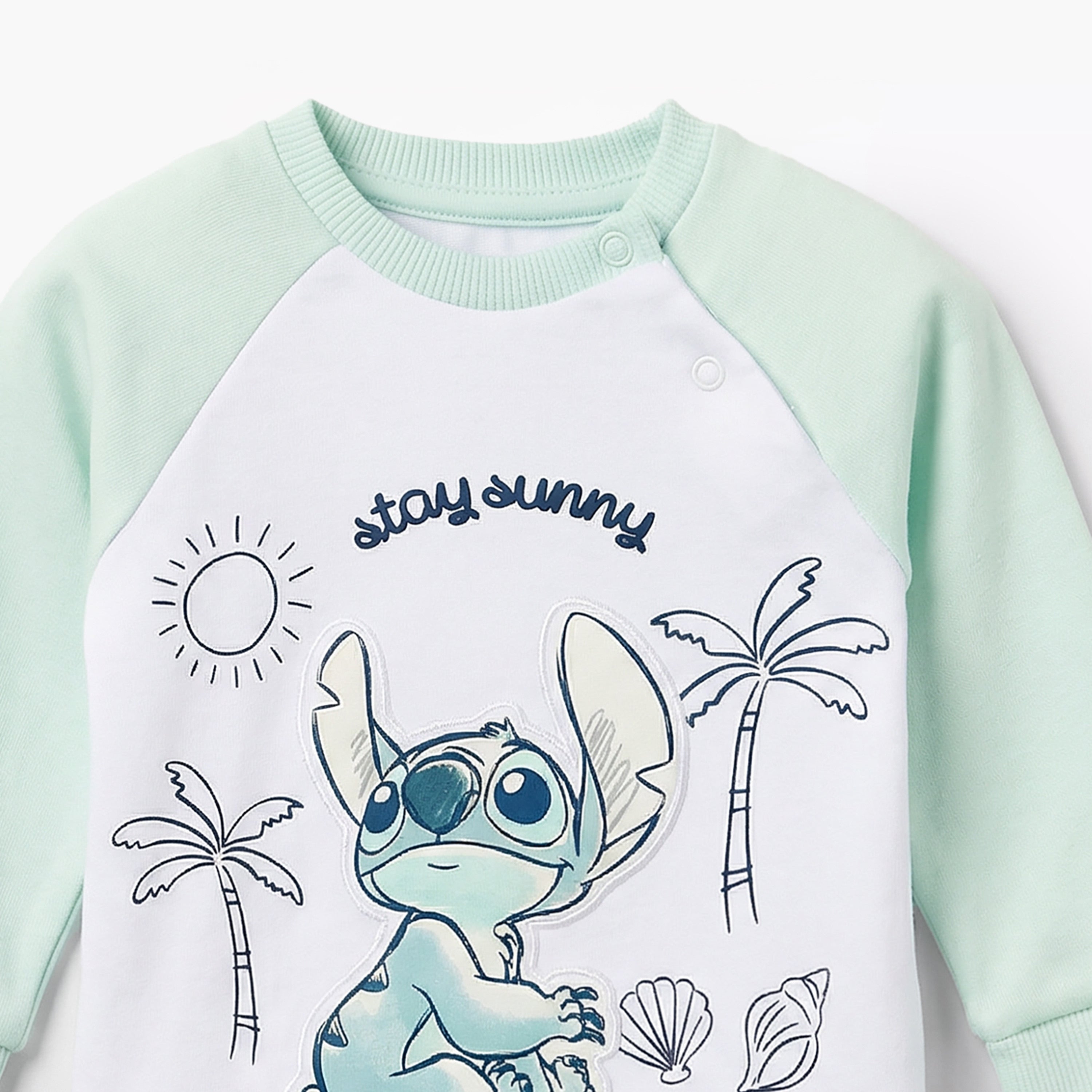 Disney Cotton Round Neck Long Sleeves Pyjama Set with Stitch Applique