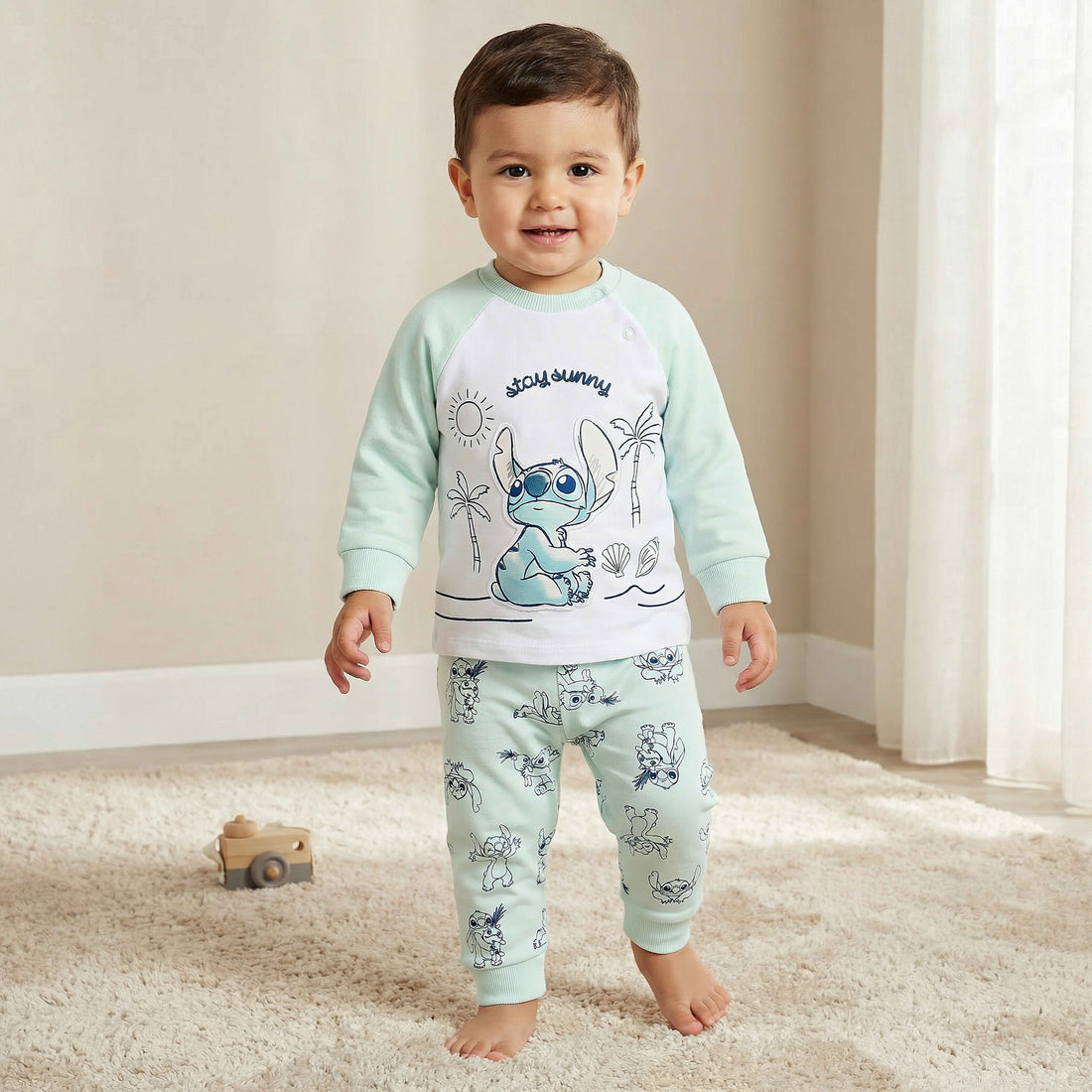 Disney Cotton Round Neck Long Sleeves Pyjama Set with Stitch Applique - Green / 18-24 mths