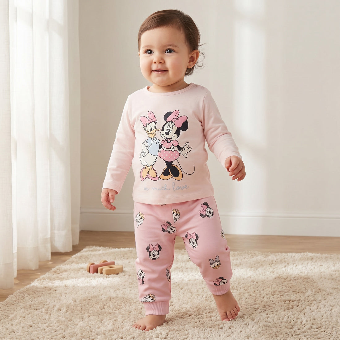 Disney Cotton Round Neck Long Sleeves Pyjama Set with Minnie Mouse and Daisy Duck Print - Pink / 12-18 mths