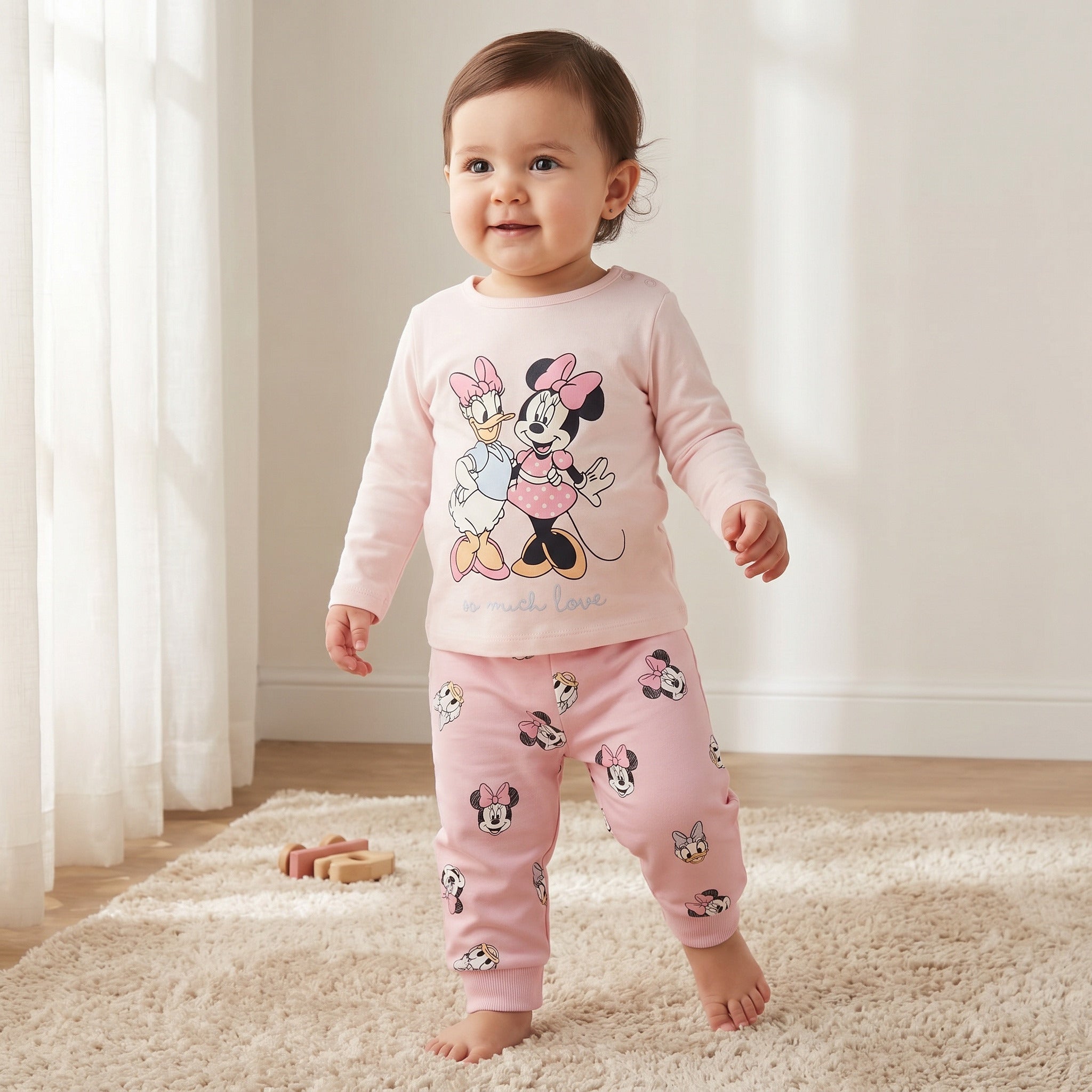 Disney Cotton Round Neck Long Sleeves Pyjama Set with Minnie Mouse and Daisy Duck Print - Pink / 12-18 mths