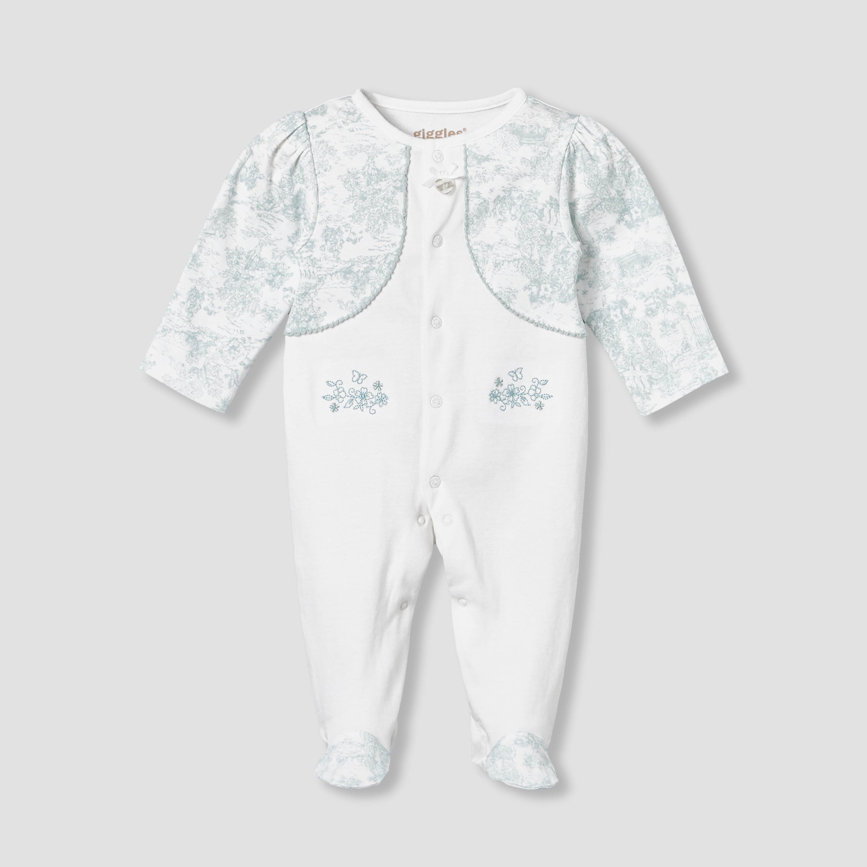 Giggles Cotton Crew Neck Long Sleeve Sleepsuit with Floral Embroidery - White / 9-12 mths