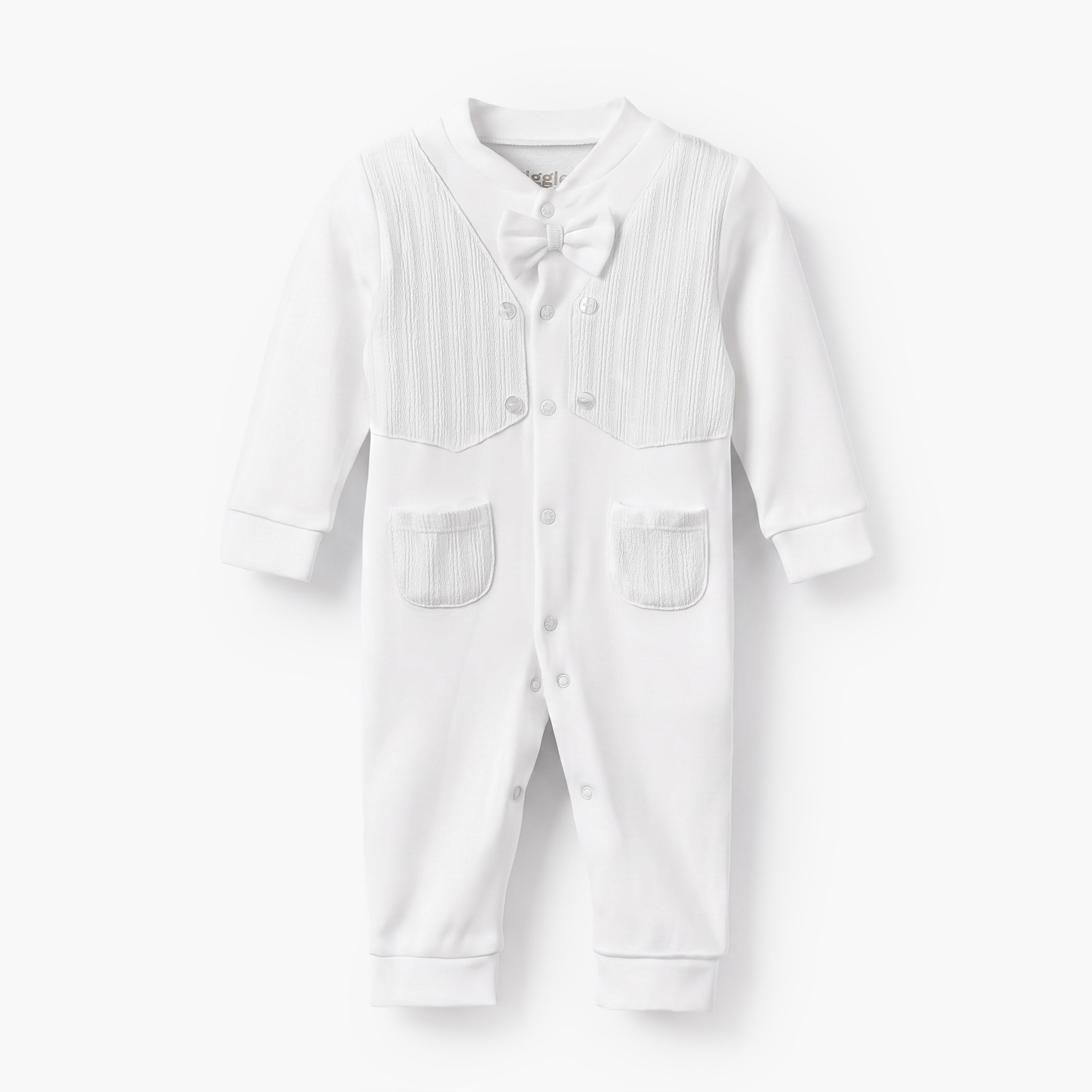 Giggles Cotton Mandarin Collar Long Sleeves Sleepsuit with Textured Design - White / 12-18 mths