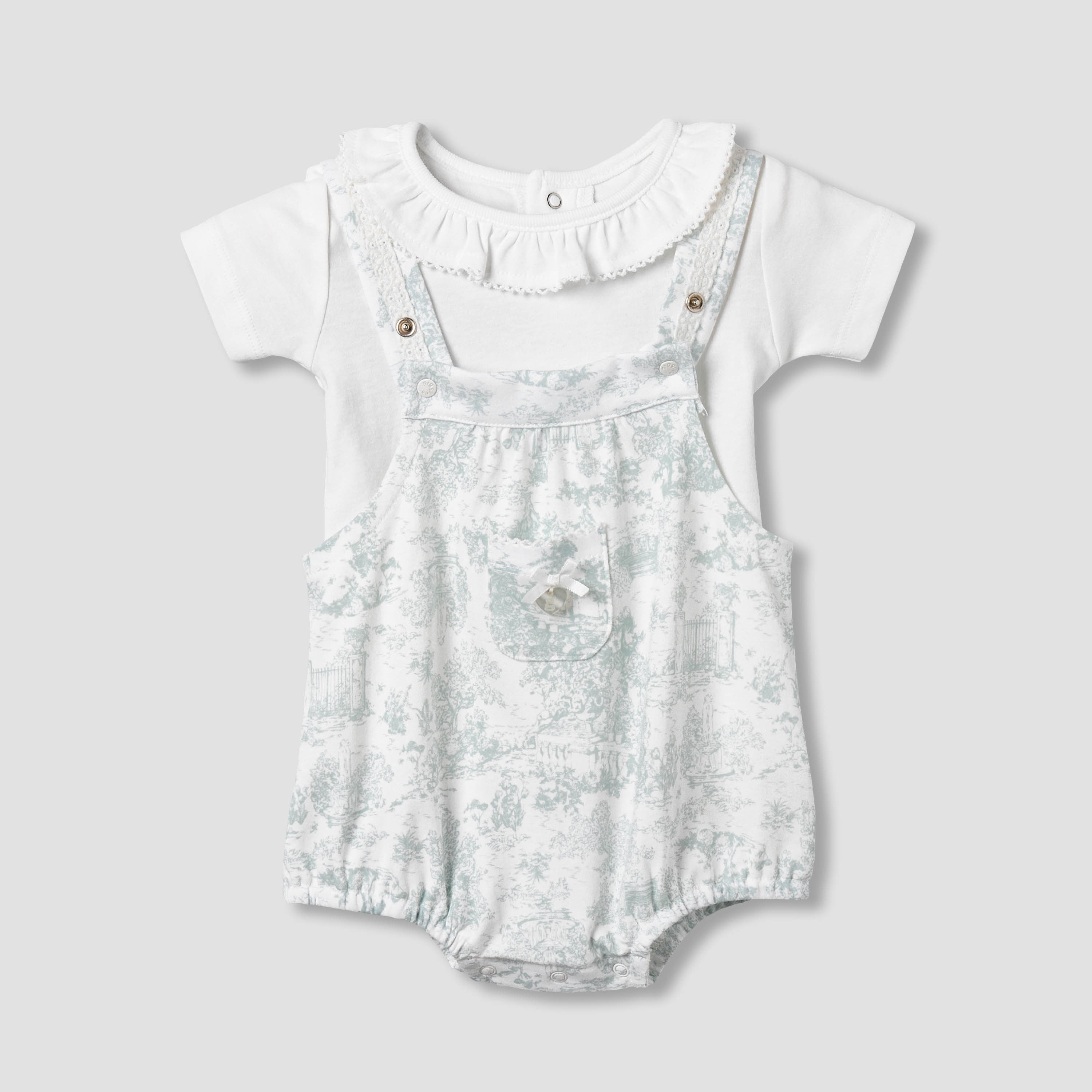 Giggles Ruffle Neck Short Sleeves T-shirt and Dungaree Set with Print - Multicolour / 12-18 mths