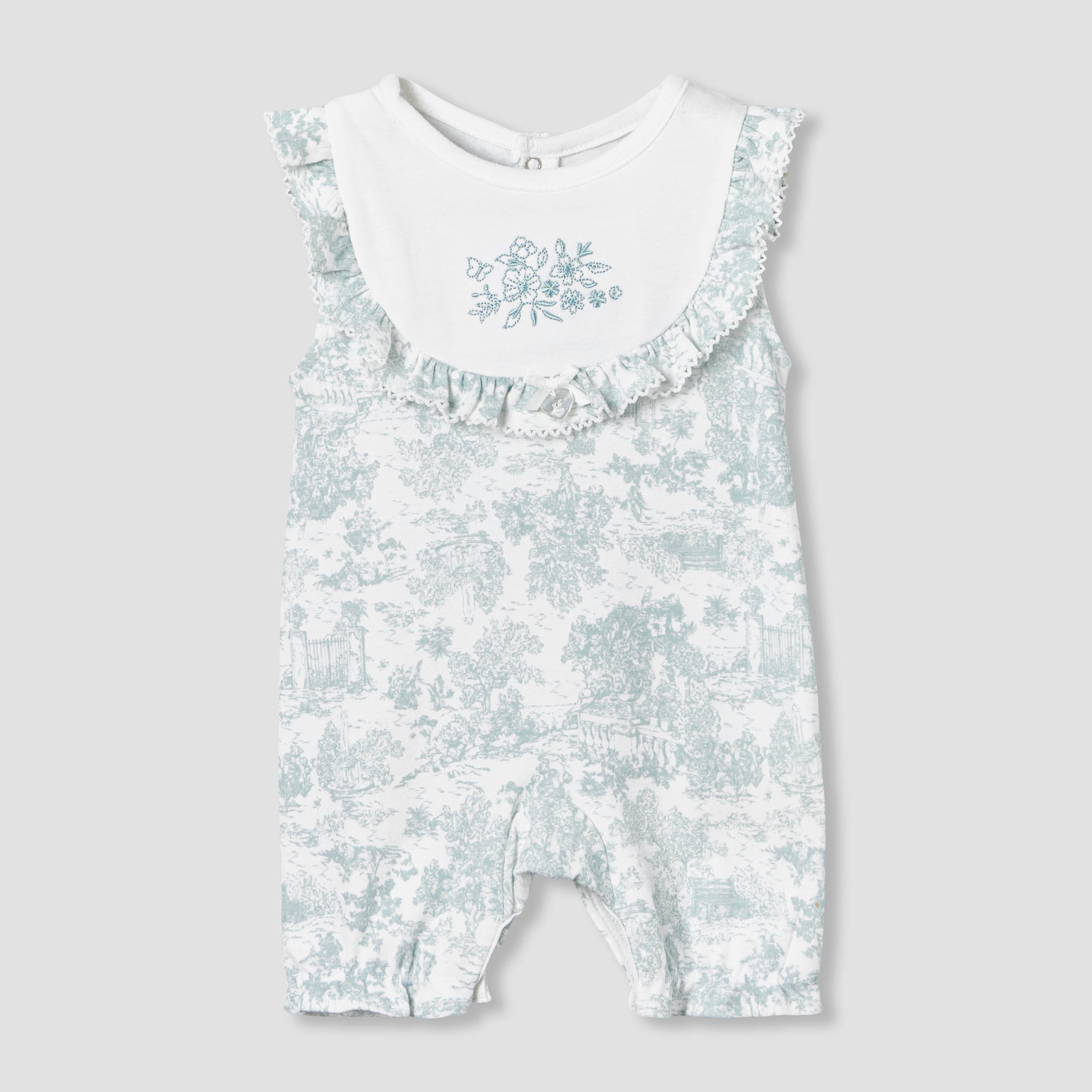 Giggles Crew Neck Sleeveless Romper with Floral Embroidery - Green / 12-18 mths
