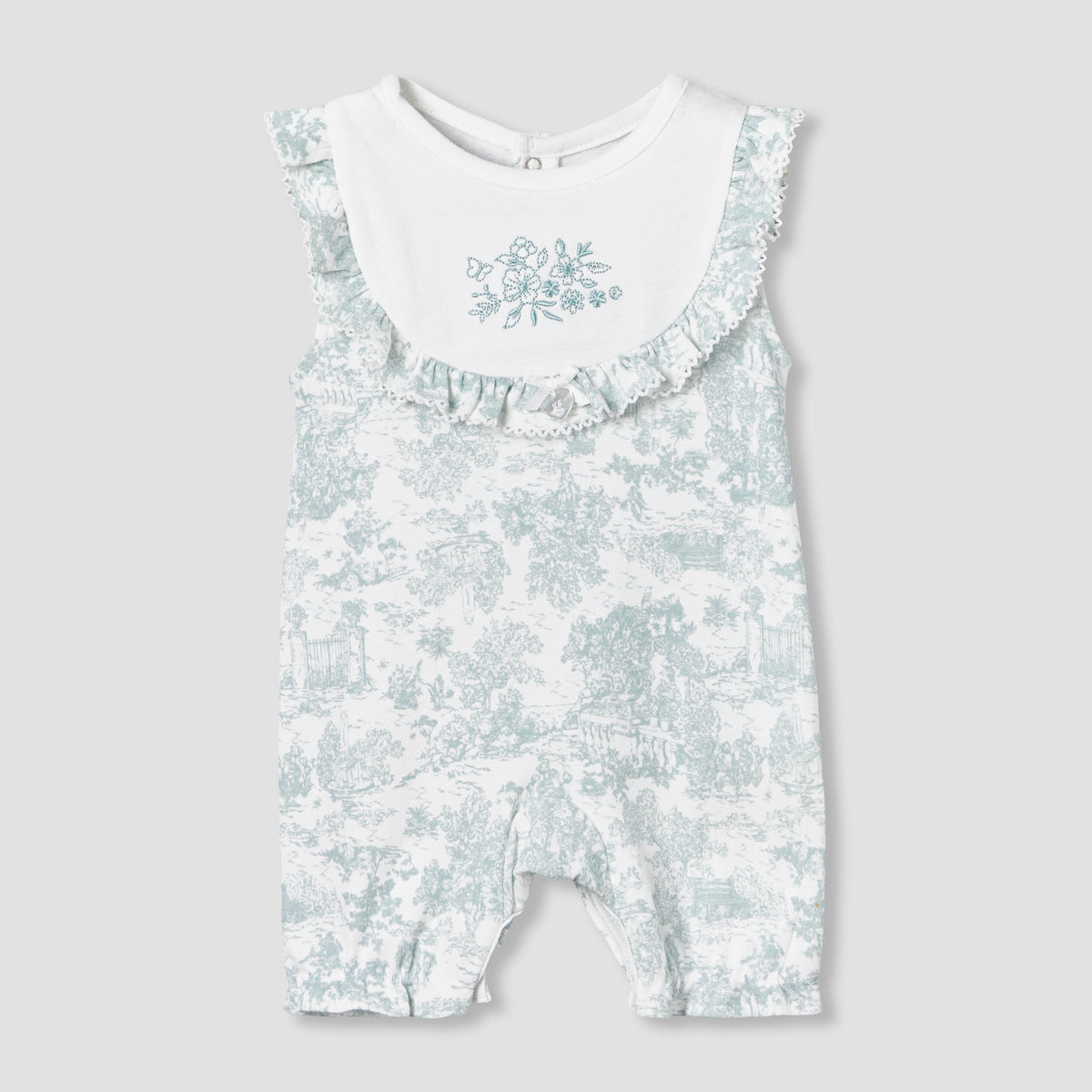 Giggles Crew Neck Sleeveless Romper with Floral Embroidery