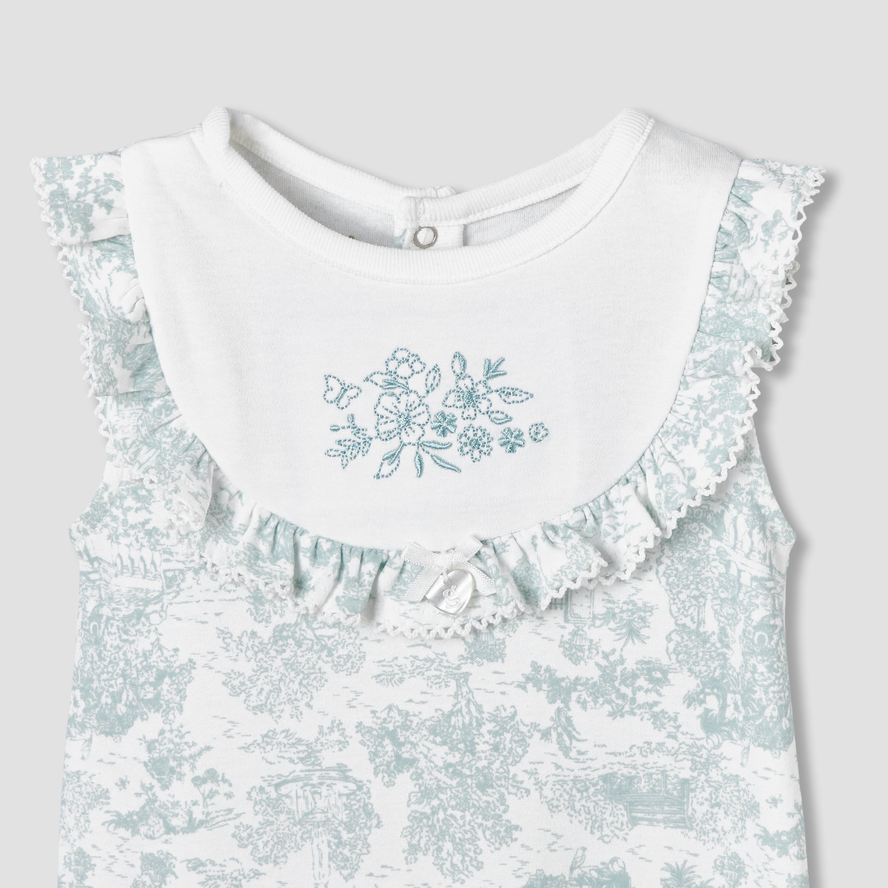 Giggles Crew Neck Sleeveless Romper with Floral Embroidery