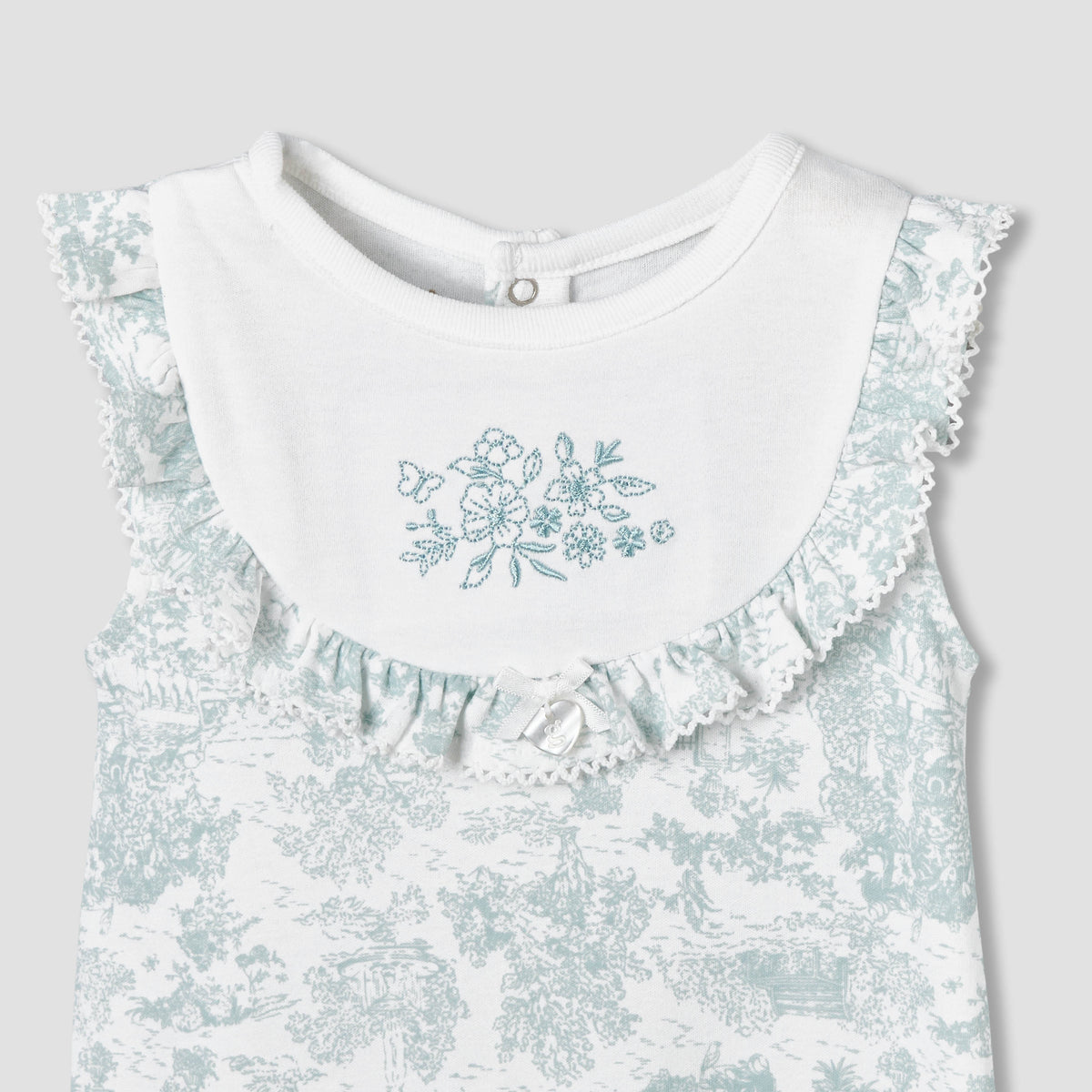 Giggles Crew Neck Sleeveless Romper with Floral Embroidery