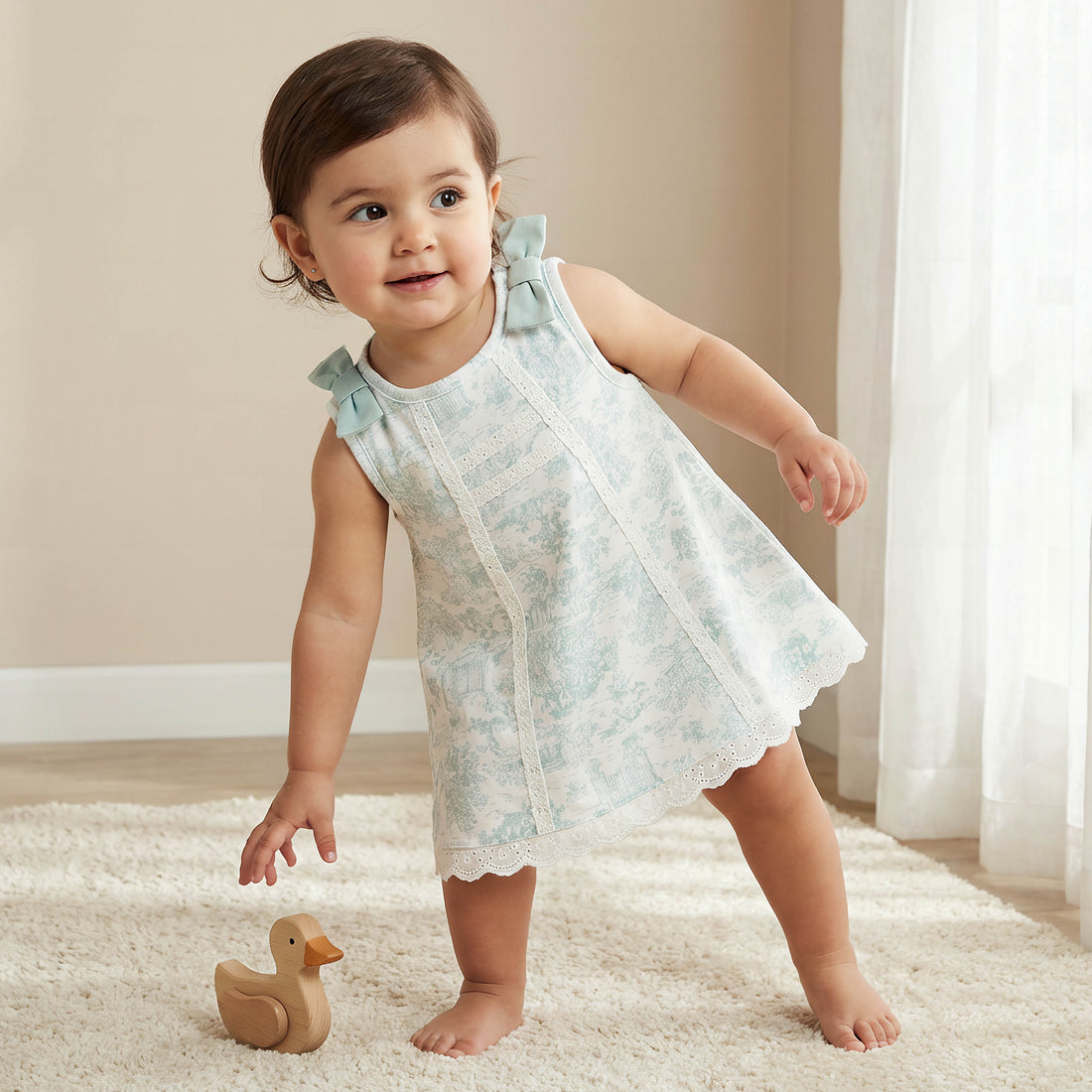 Giggles Round Neck Sleeveless A-line Dress with Bow Applique - Green / 12-18 mths
