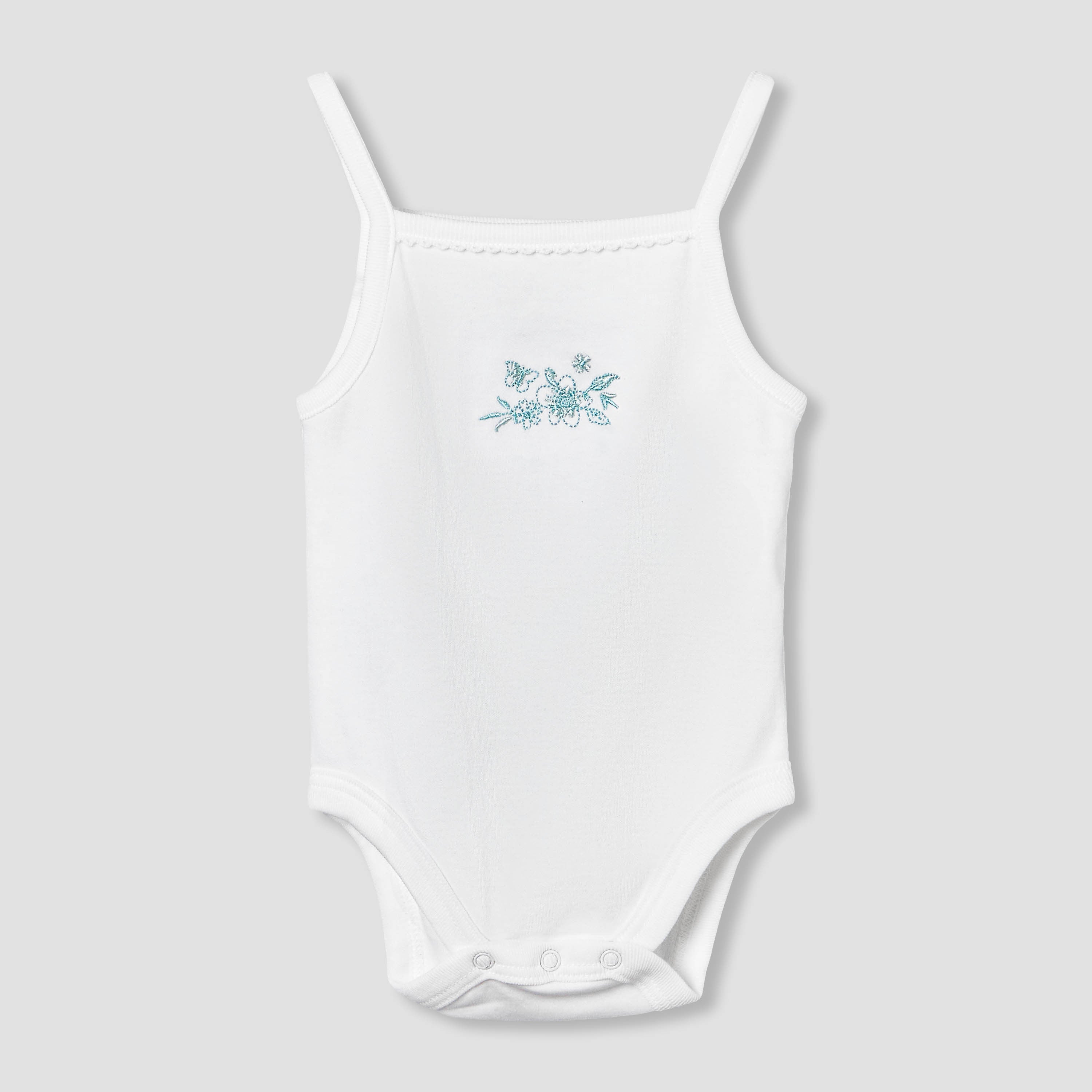 Giggles Square Neck Strappy Bodysuit with Floral Embroidery - White / 12-18 mths